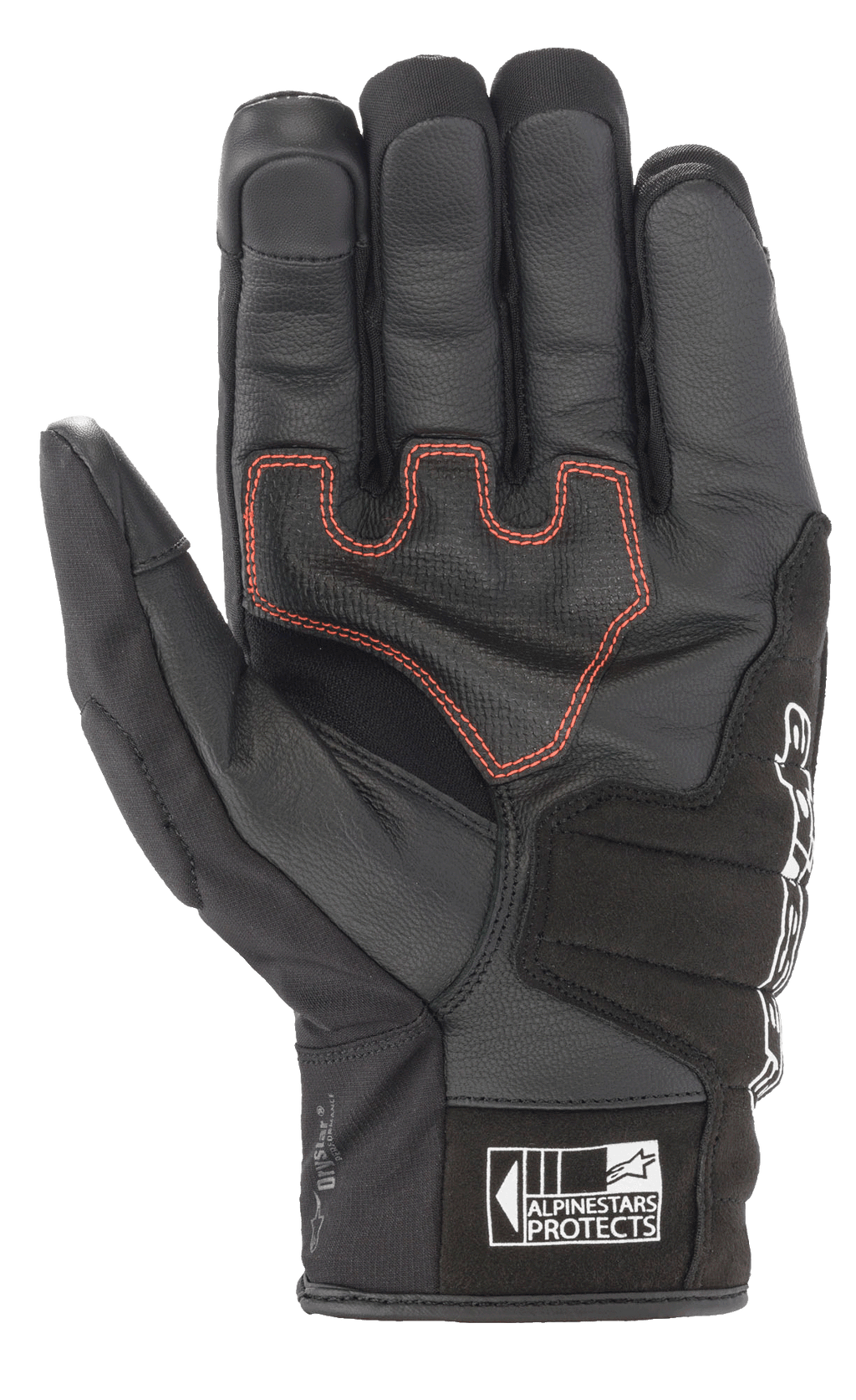 Alpinestars SMX Z Drystar® Gloves, short cuff motorcycle riding gloves, Black with red contrast stitching, palm view showing leather construction and reinforced padding, featuring the Alpinestars Protects logo on the cuff.
