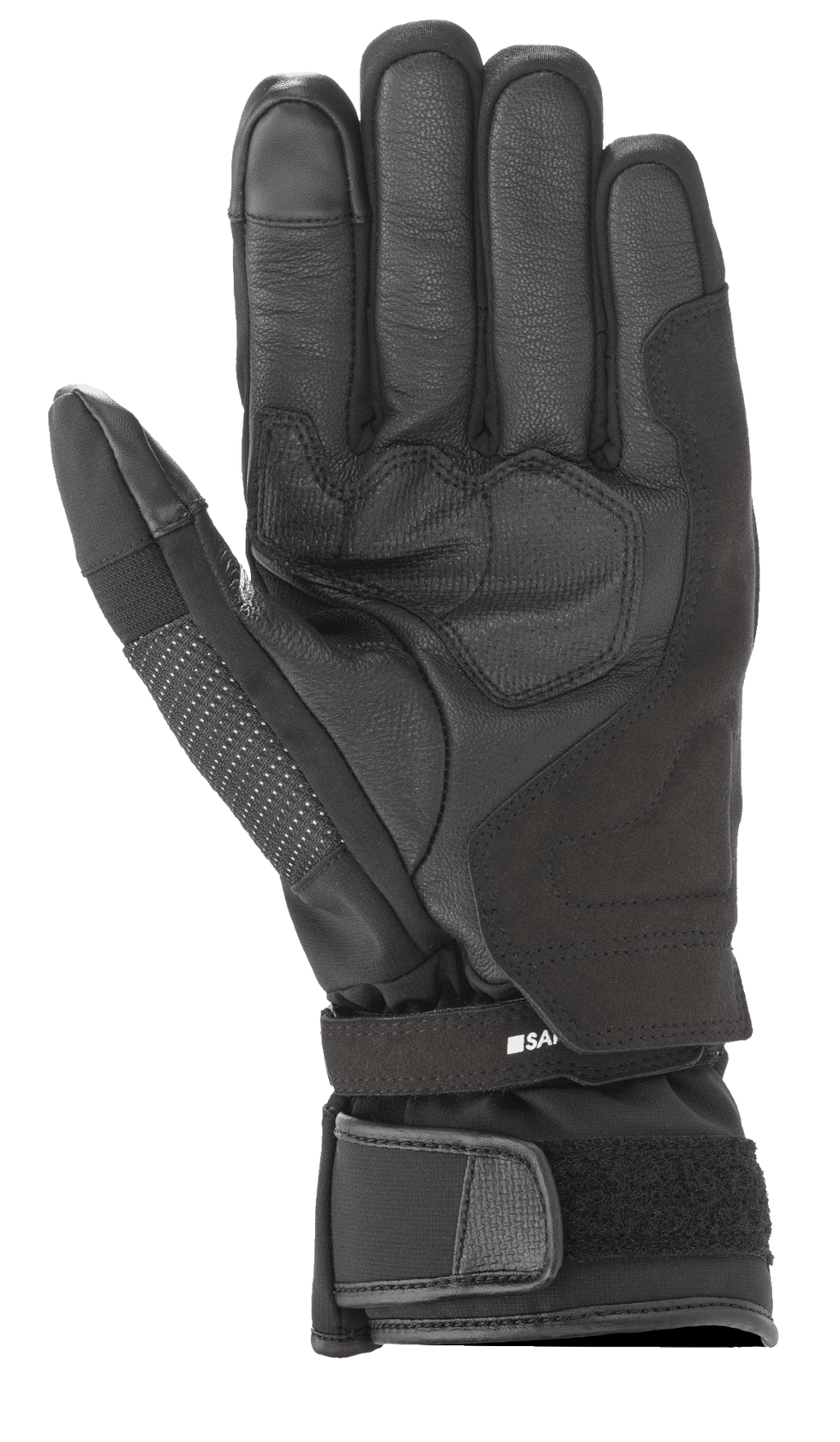 Alpinestars Andes V3 Drystar® Glove, Black Motorcycle Glove, Palm view featuring goat leather and textile construction, reinforced palm area, adjustable wrist strap with velcro cuff, technical all-weather touring design