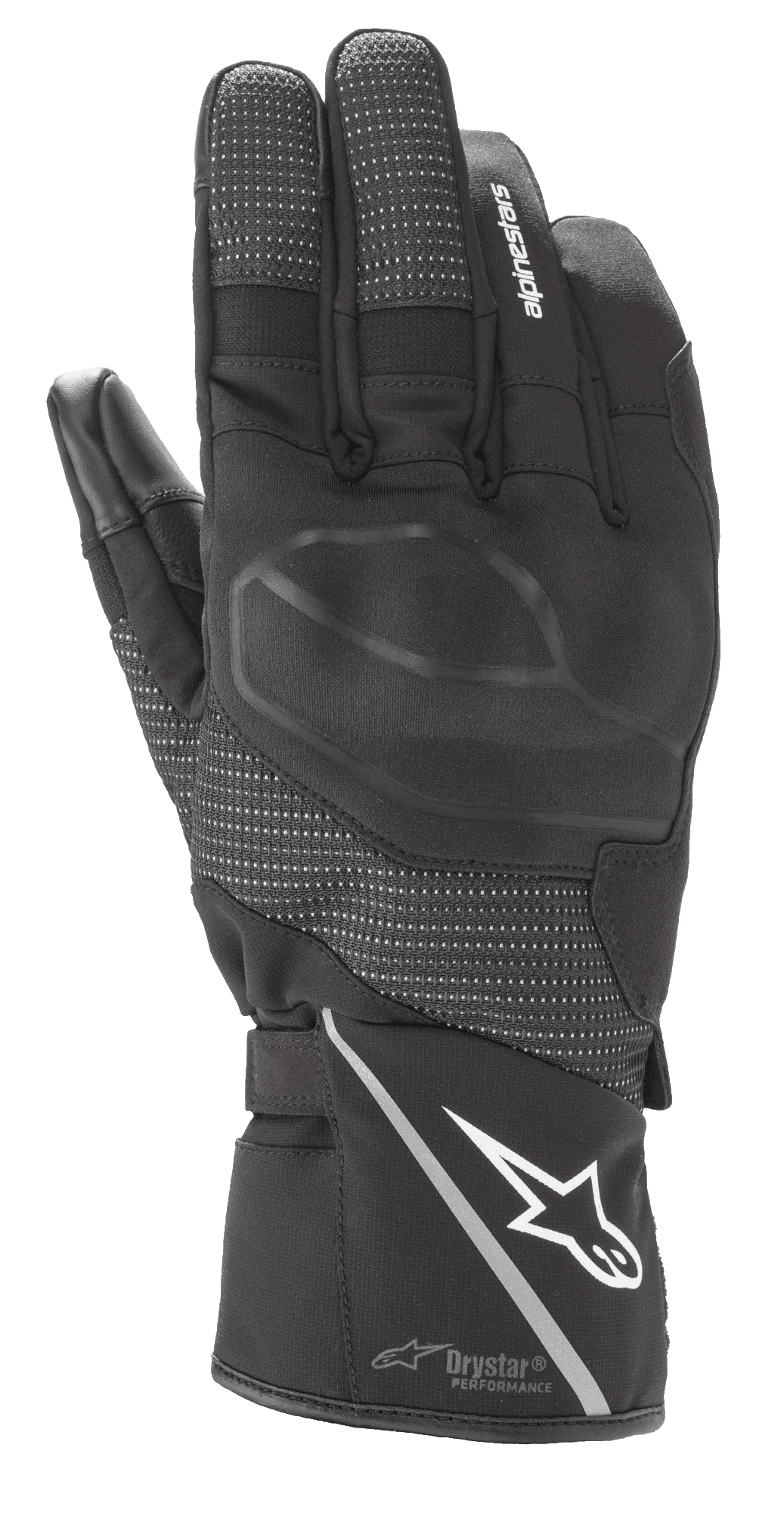 Alpinestars Andes V3 Drystar Glove, Black Motorcycle Touring Glove, goat leather and textile construction, featuring integrated knuckle armor, white Alpinestars logo on the cuff with a reflective stripe, textured finger panels, and Drystar Performance technology