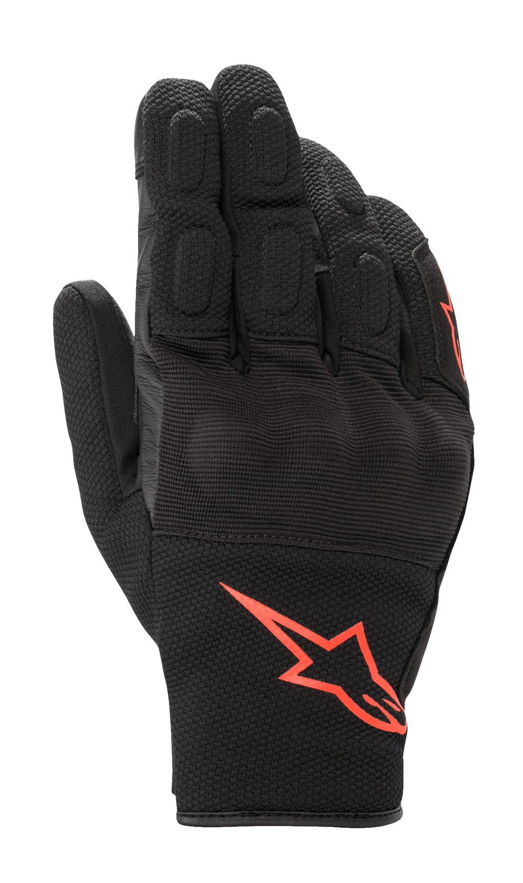 Alpinestars S-Max Drystar Gloves, Short-Cuff Motorcycle Gloves, Black with Red Fluorescent logo, featuring stretch mesh and leather construction, covered hard knuckle protection and padded fingers