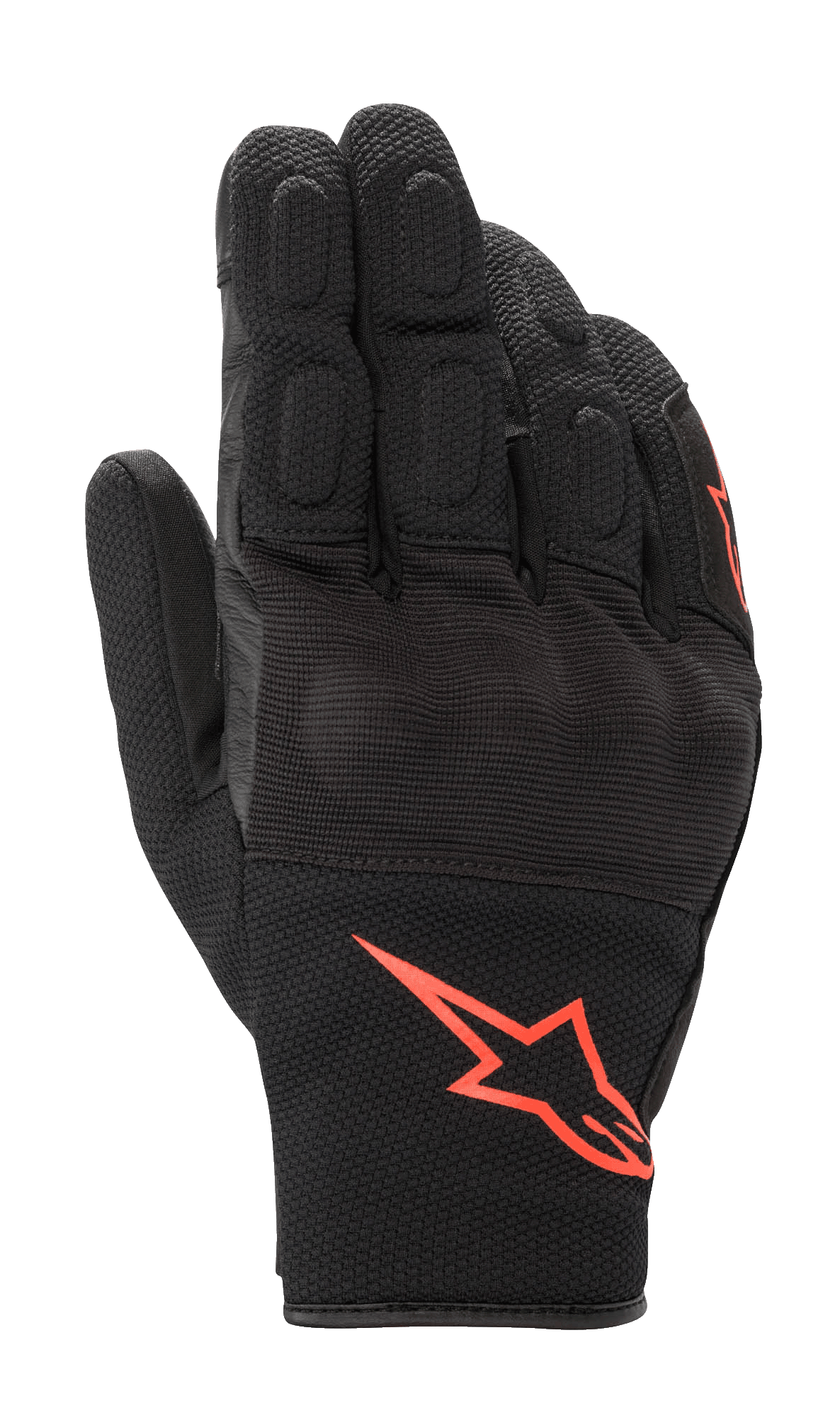 Alpinestars S-Max Drystar Gloves, Short-Cuff Motorcycle Gloves, Black with Red Fluorescent logo, featuring stretch mesh and leather construction, covered hard knuckle protection and padded fingers
