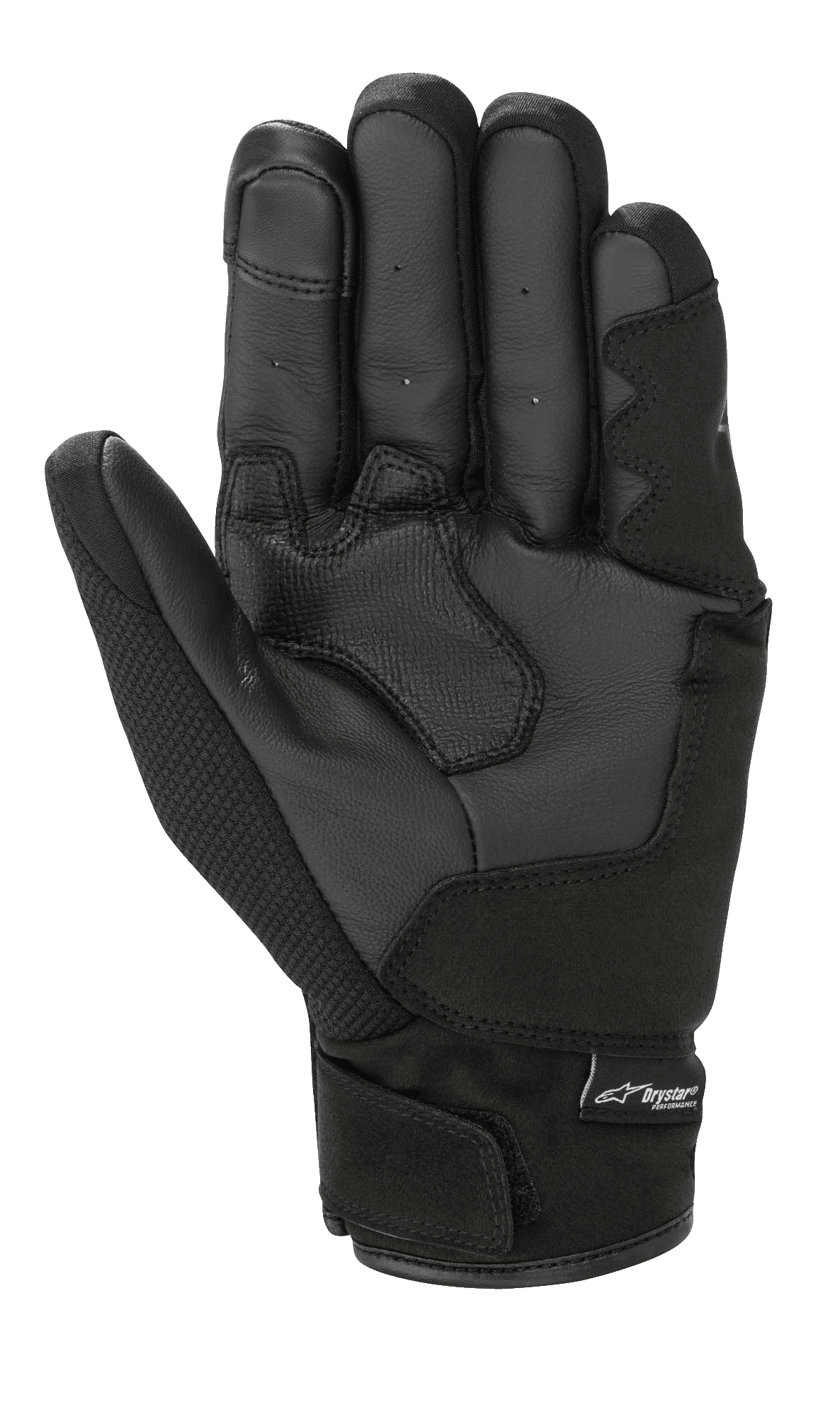 Alpinestars S-Max Drystar® Gloves, Motorcycle Gloves, Black Anthracite, palm view showing reinforced leather construction, perforated finger details, and Drystar® branding on the wrist closure