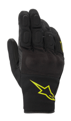 Alpinestars S-Max Drystar Gloves, Motorcycle Sport Gloves, Black with Fluorescent Yellow Logo, short cuff design featuring covered hard knuckle protection and stretch mesh panels, waterproof and breathable construction for road riding