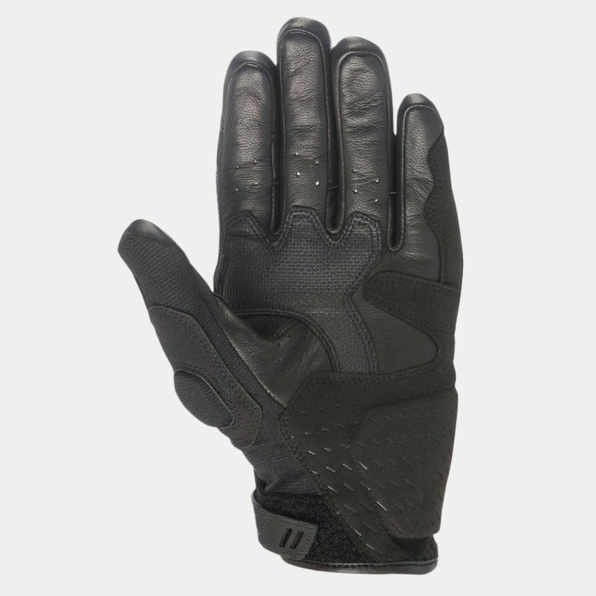 Alpinestars C-30 Drystar®-handskar, svarta, vy av handflatan som visar förstärkningar i syntetisk mocka med skumvaddering, PU-belagda greppytor på tummen och handflatan samt justerbar kardborrerem vid handleden, vattentäta motorcykelhandskar