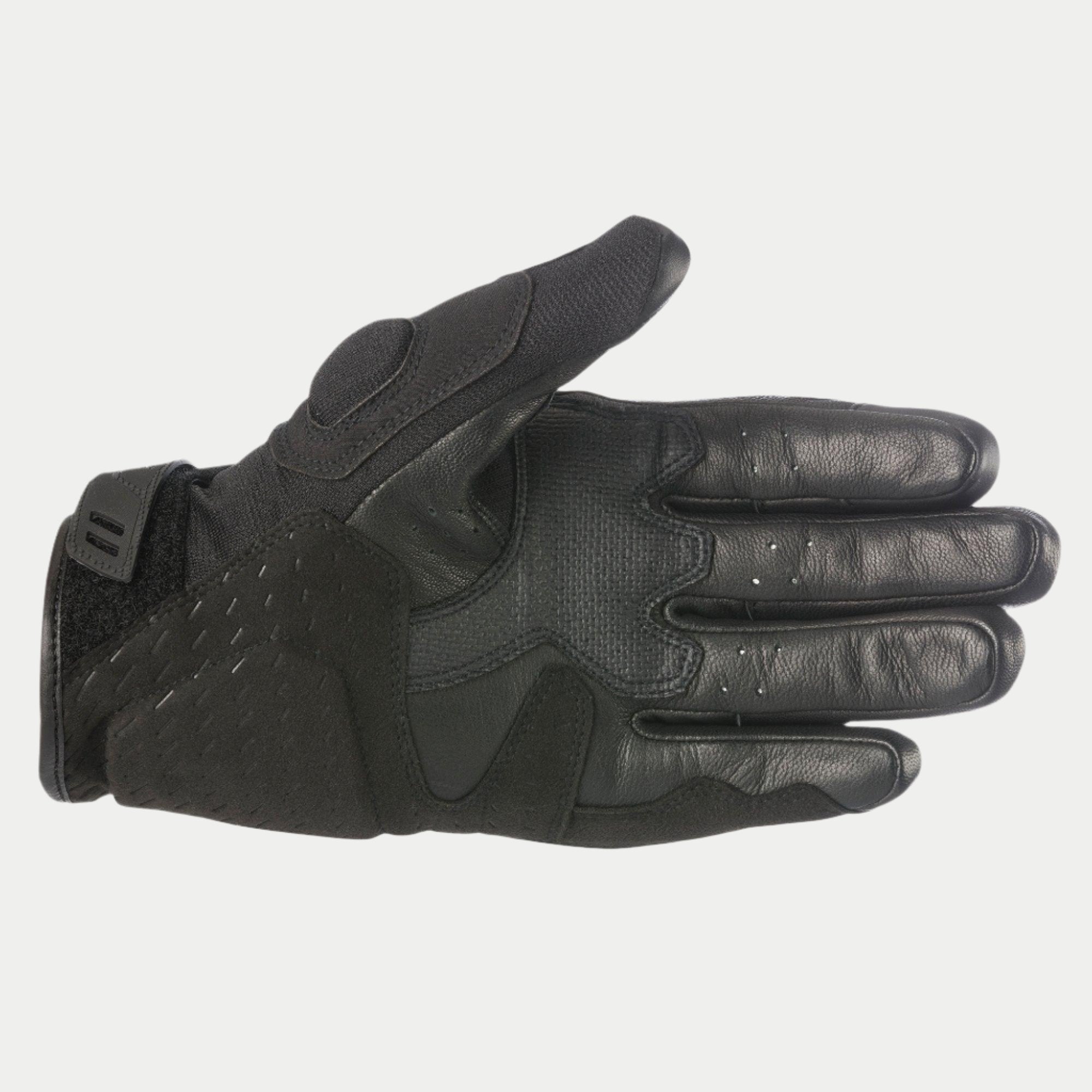 Alpinestars C-30 Drystar®-handskar, svarta, vy av handflatan som visar förstärkningar i syntetisk mocka med skumvaddering, PU-belagda greppytor på tummen och handflatan samt justerbar kardborrerem vid handleden, vattentäta motorcykelhandskar