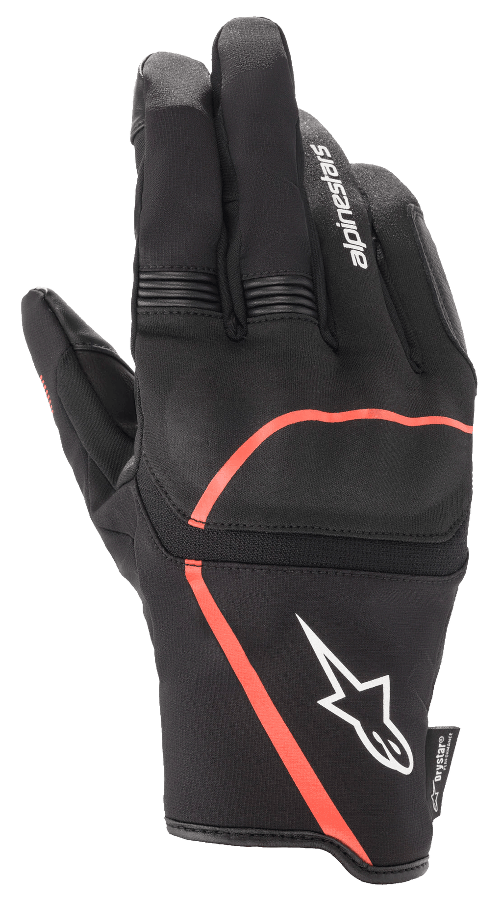 Alpinestars Syncro V2 Drystar® Gloves, Urban Motorcycle Gloves, Black with Red Fluo accents, featuring flexible knuckle protection, white Alpinestars logo on the cuff, and accordion stretch panels on the fingers, waterproof and breathable design.