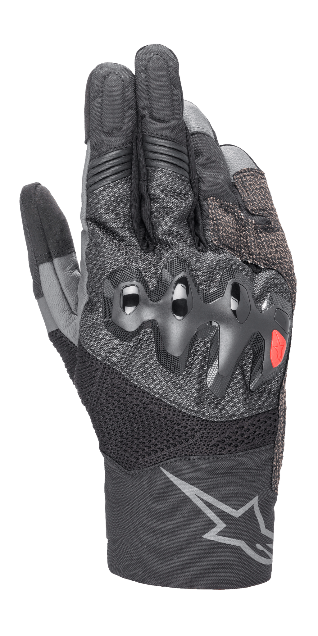 Alpinestars AMT-10 Air HDry handskar, motorcykelhandskar, svarta och mörkgrå, med ett vågformat övergjutet knogskydd med en liten röd logotyp, MATRYX- och RIDEKNIT-meshpaneler för ventilation och en stor grå stjärnlogotyp på manschetten