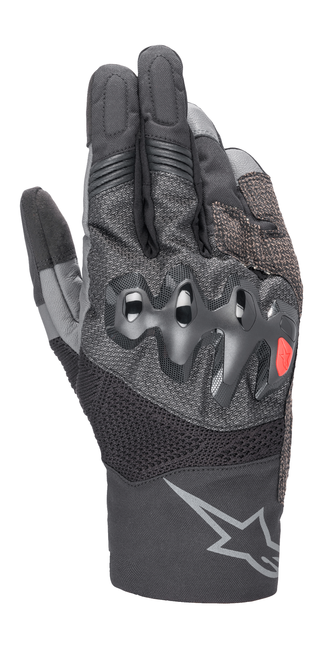 Alpinestars AMT-10 Air HDry handskar, motorcykelhandskar, svarta och mörkgrå, med ett vågformat övergjutet knogskydd med en liten röd logotyp, MATRYX- och RIDEKNIT-meshpaneler för ventilation och en stor grå stjärnlogotyp på manschetten