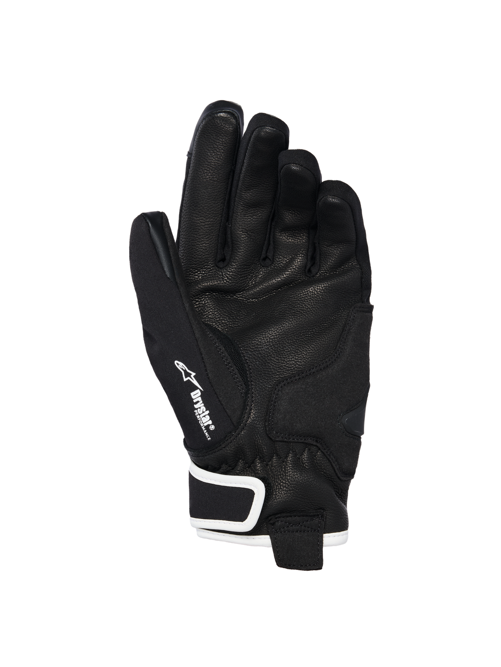 Alpinestars Stella Moblast Waterproof-handskar, vy av handflatan, svarta med vita accenter, med handflata i getläder, Alpinestars-logotyp och Drystar-märkning på tummen, motorcykelhandskar med kort krage för damer