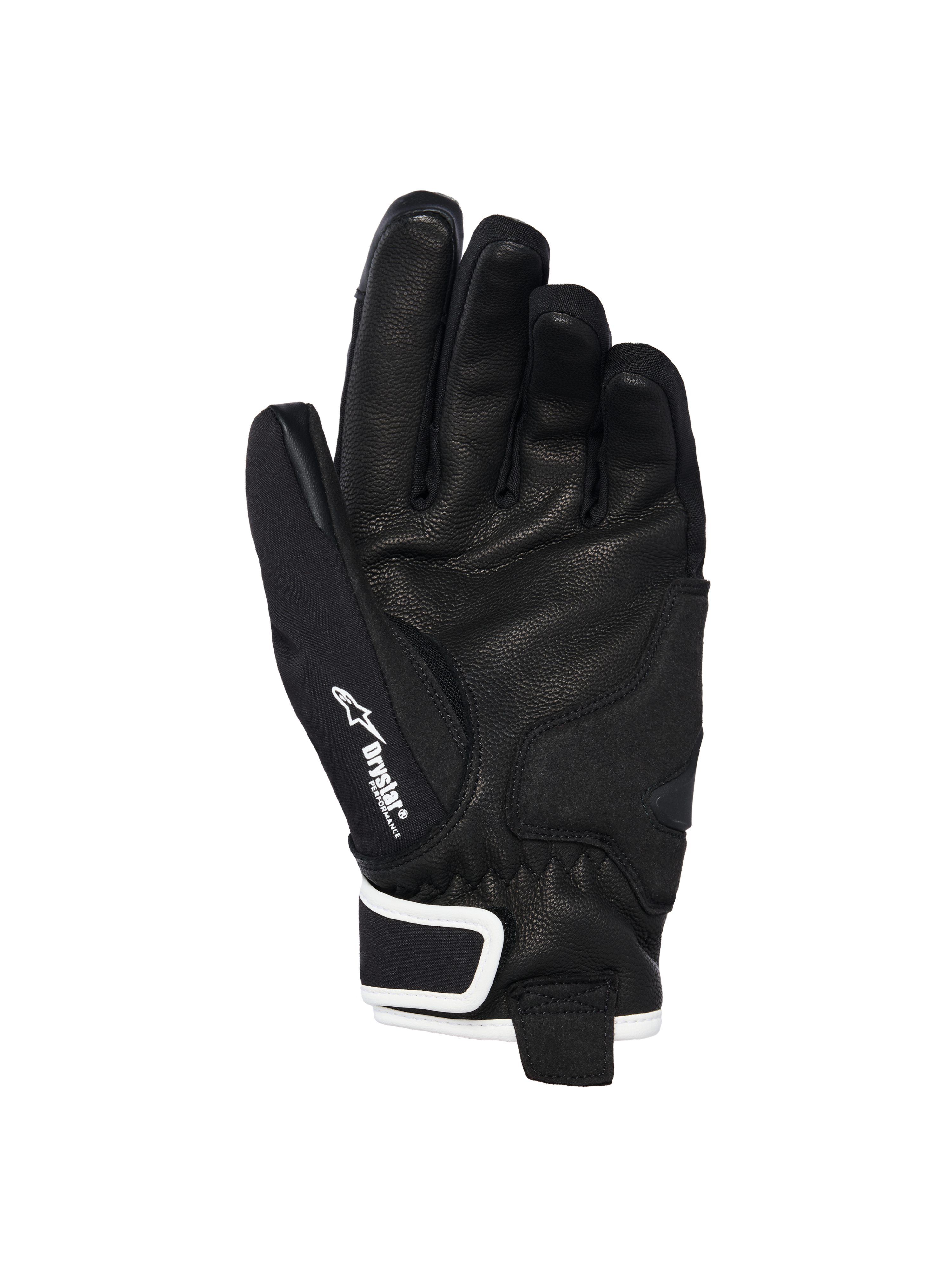 Alpinestars Stella Moblast Waterproof-handskar, vy av handflatan, svarta med vita accenter, med handflata i getläder, Alpinestars-logotyp och Drystar-märkning på tummen, motorcykelhandskar med kort krage för damer