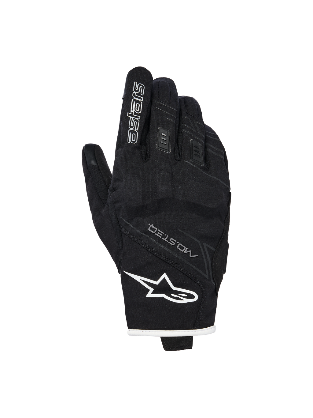 Alpinestars Stella Moblast vattentäta handskar, motorcykelhandskar för dam, svarta med vit kant, vy av handryggen som visar Alpinestars-logotyp, MO.ST.EQ.-branding och mjukt knogskydd.