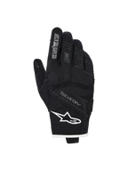 Alpinestars Stella Moblast vattentäta handskar, motorcykelhandskar för dam, svarta med vit kant, vy av handryggen som visar Alpinestars-logotyp, MO.ST.EQ.-branding och mjukt knogskydd.