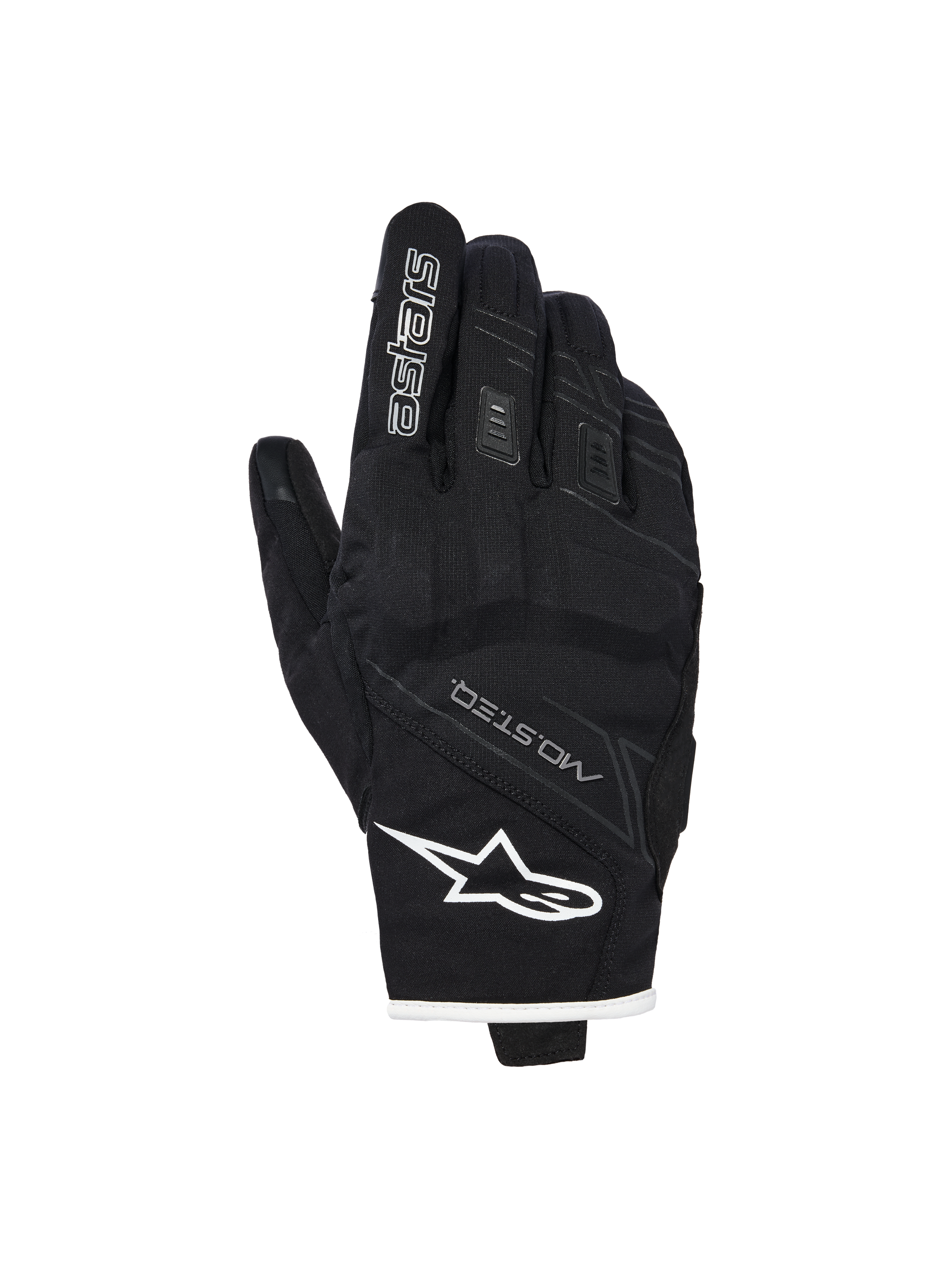 Alpinestars Stella Moblast vattentäta handskar, motorcykelhandskar för dam, svarta med vit kant, vy av handryggen som visar Alpinestars-logotyp, MO.ST.EQ.-branding och mjukt knogskydd.