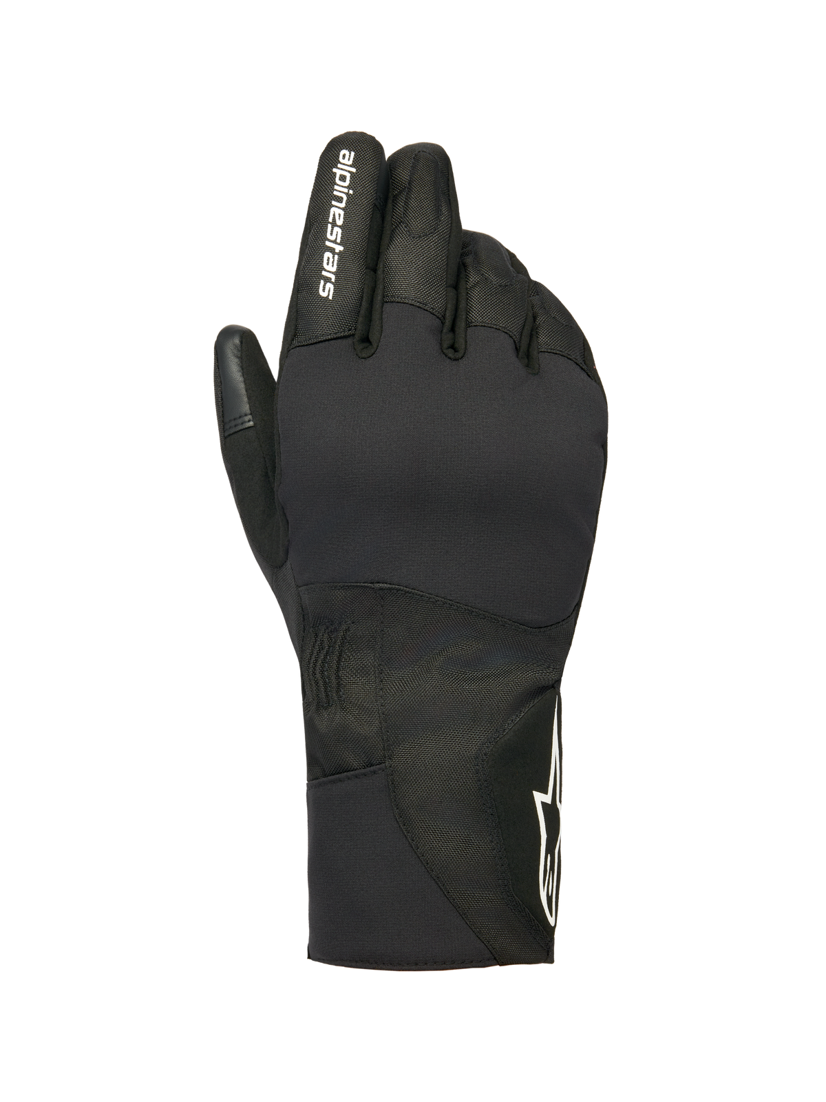Alpinestars Stella WT-1 Drystar Insulated Gloves, Women's Motorcycle Winter Gloves, Black, white alpinestars branding on the index finger and star logo on the cuff, waterproof textile and suede construction for cold weather commuting