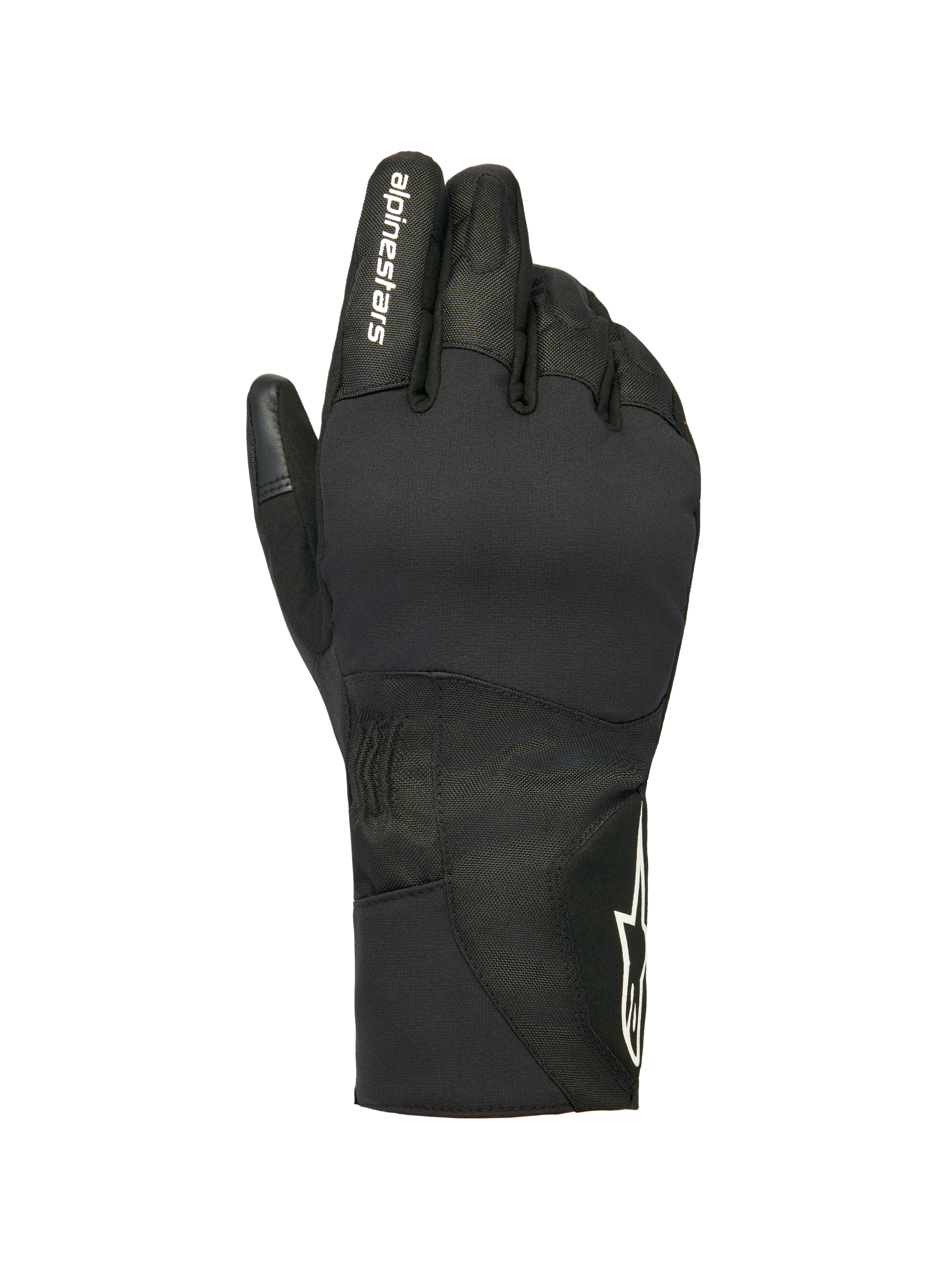 Alpinestars Stella WT-1 Drystar Insulated Gloves, Women's Motorcycle Winter Gloves, Black, white alpinestars branding on the index finger and star logo on the cuff, waterproof textile and suede construction for cold weather commuting