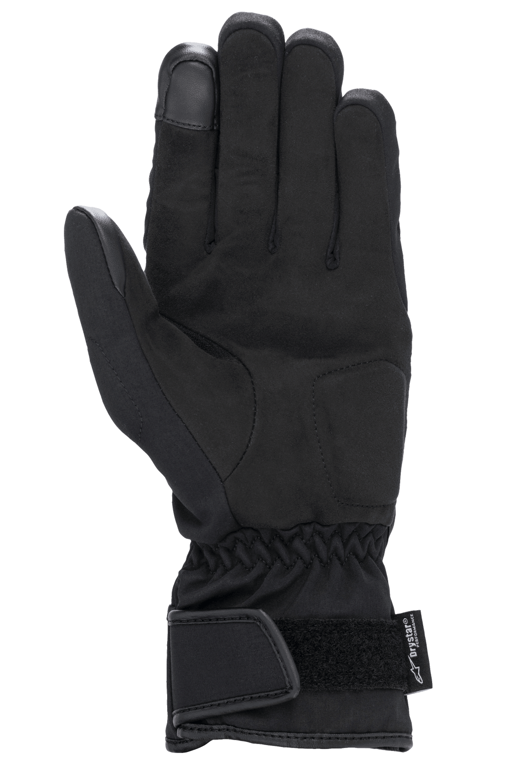 Alpinestars Women Stella SR-3 V2 Drystar® Gloves, Black, palm side view showing synthetic leather reinforcements, touchscreen-compatible index fingertip, elasticated wrist, and gauntlet cuff with adjustable Velcro strap and Drystar branding.