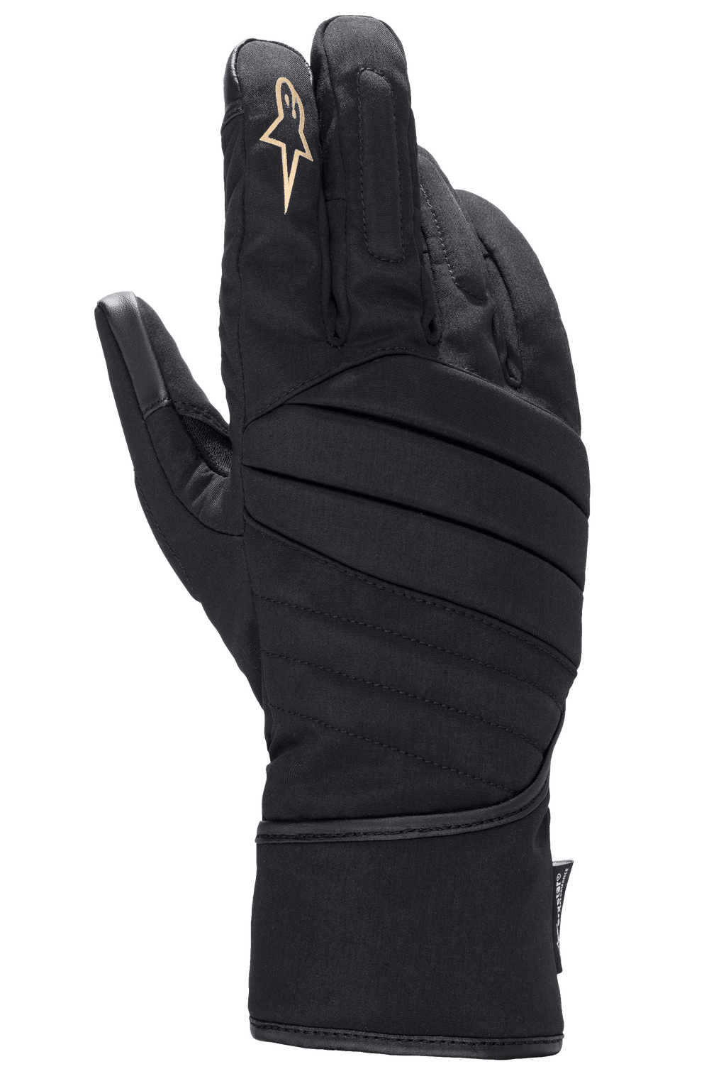 Alpinestars Stella SR-3 V2 Drystar Gloves, Women's Motorcycle Gloves, Black, backhand view featuring diagonal padded stitching, white star logo on the index finger, and a long gauntlet-style cuff for all-weather protection.