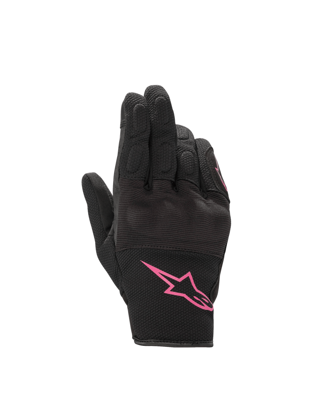 Alpinestars Stella S-Max Drystar damhandskar, vattentäta motorcykelhandskar, svarta och fuchsia, med dolt hårt knogskydd och rosa Astars-logotyp på ovansidan