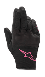 Alpinestars Stella S-Max Women's Gloves, Motorcycle Gloves, Black and Fuchsia, featuring a pink Alpinestars logo on the cuff, short-cuff design with textured mesh and integrated knuckle protection