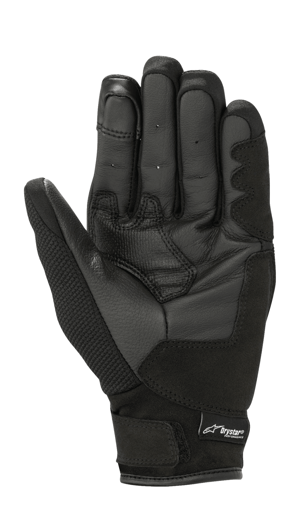 Alpinestars Stella S-Max Drystar damhandskar, Black Anthracite, vy av handflatan som visar läderkonstruktion, förstärkta greppytor och kardborrestängning vid handleden med Drystar-logotyp