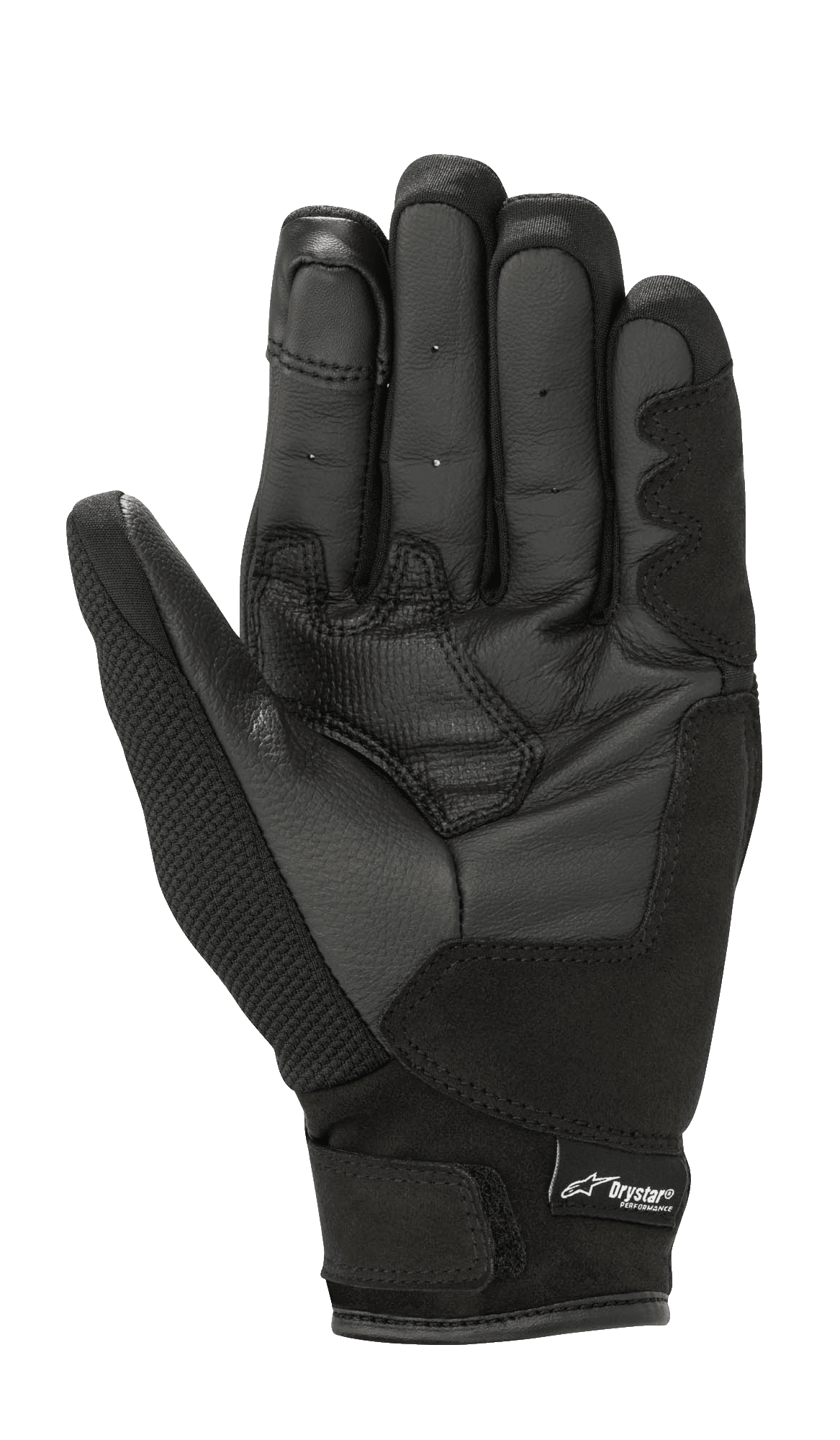 Alpinestars Stella S-Max Drystar damhandskar, Black Anthracite, vy av handflatan som visar läderkonstruktion, förstärkta greppytor och kardborrestängning vid handleden med Drystar-logotyp