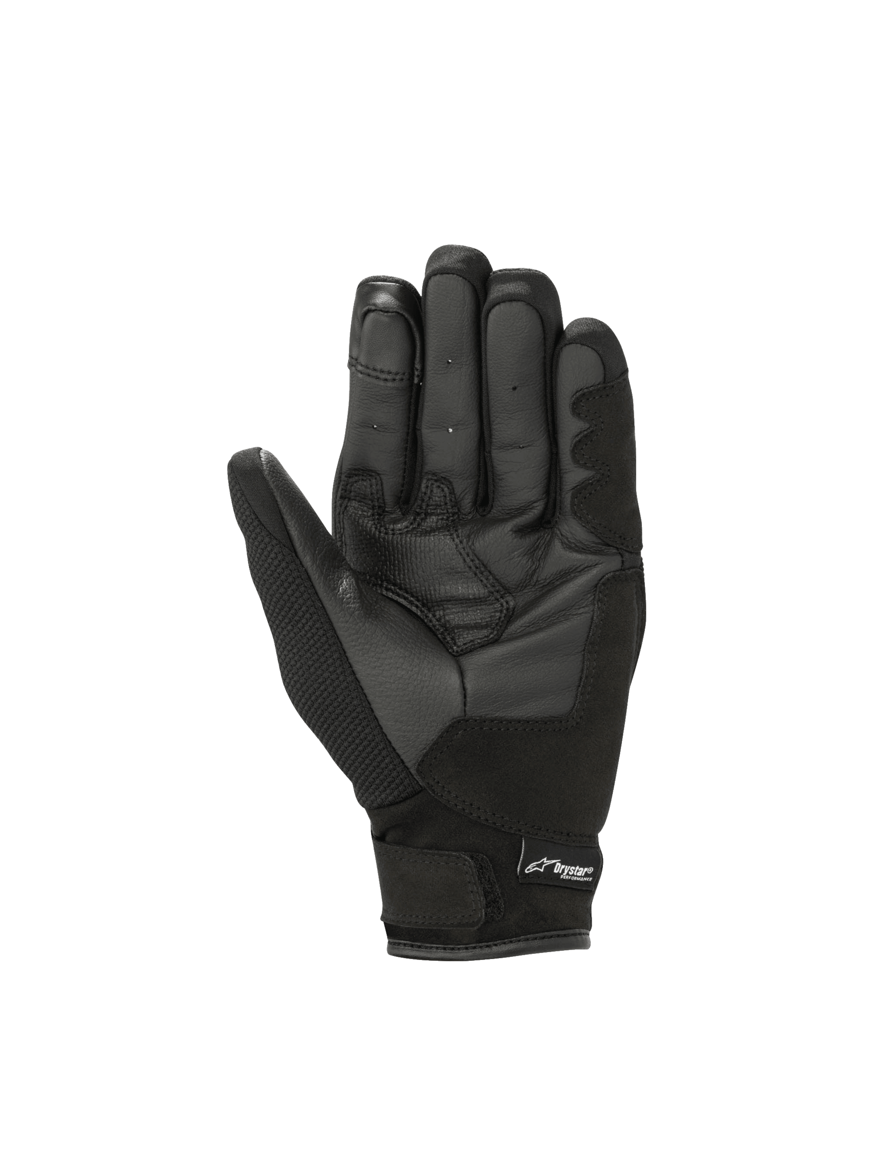 Alpinestars Stella S-Max Drystar handskar, motorcykelhandskar för dam, svarta och antracitgrå, vattentät läderhandflata, CE-certifierade med kort krage och Drystar-logotyp.