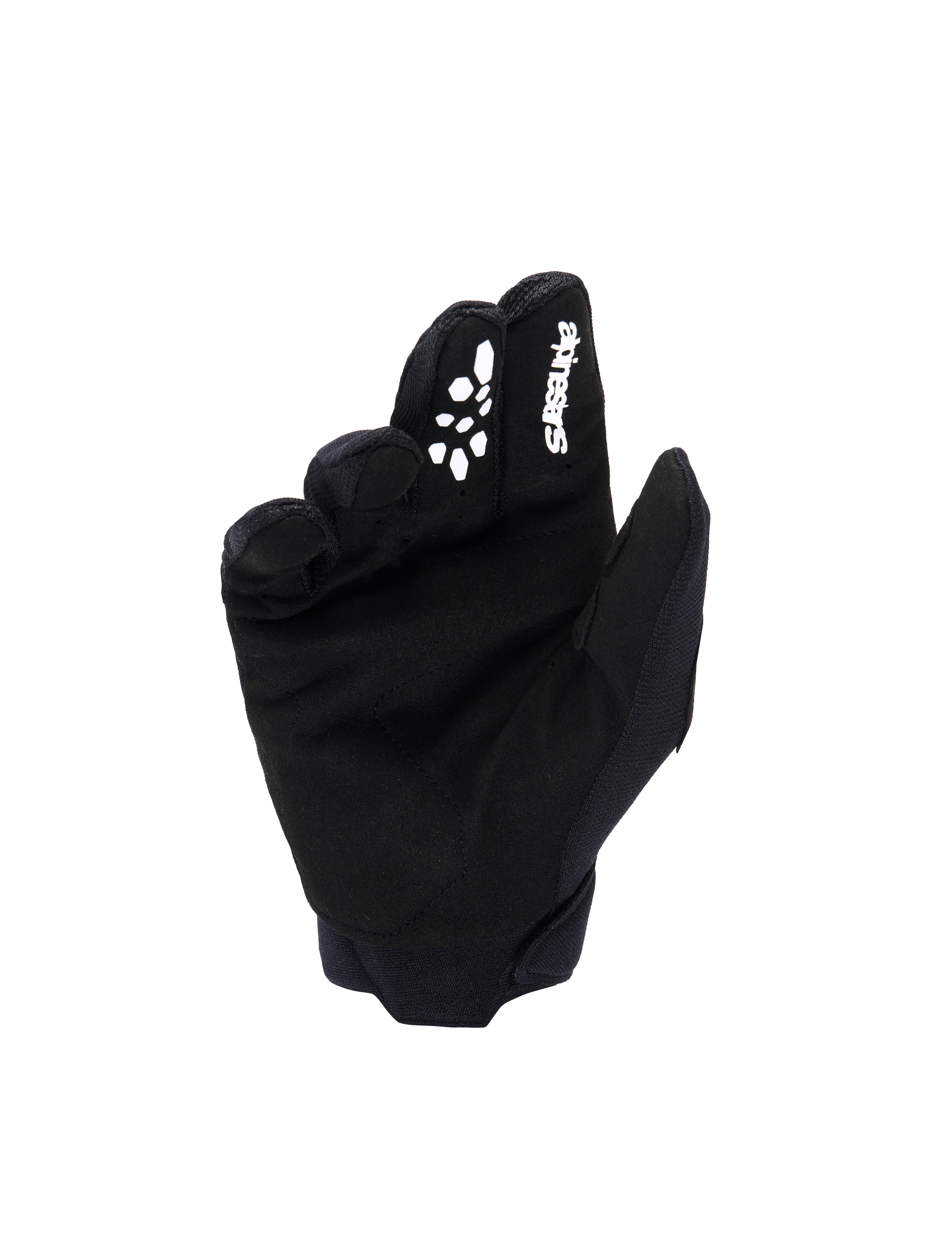 Alpinestars Youth & Kids Full Bore V2-handskar, motocrosshandskar, svarta och vita, vy av handflatan som visar material i syntetmocka, vit Alpinestars-logotyp och silikontryckt grepp på pekfingret, hållbar racingutrustning för terrängkörning