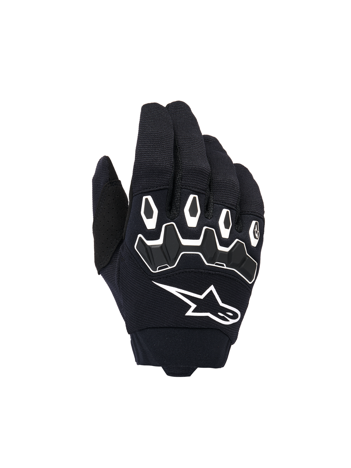 Alpinestars Youth & Kids Full Bore V2 Gloves, Motocross Gloves, Black and White, featuring ergonomic TPR knuckle protection with white outlines, large white Alpinestars logo, breathable textile construction for off-road racing