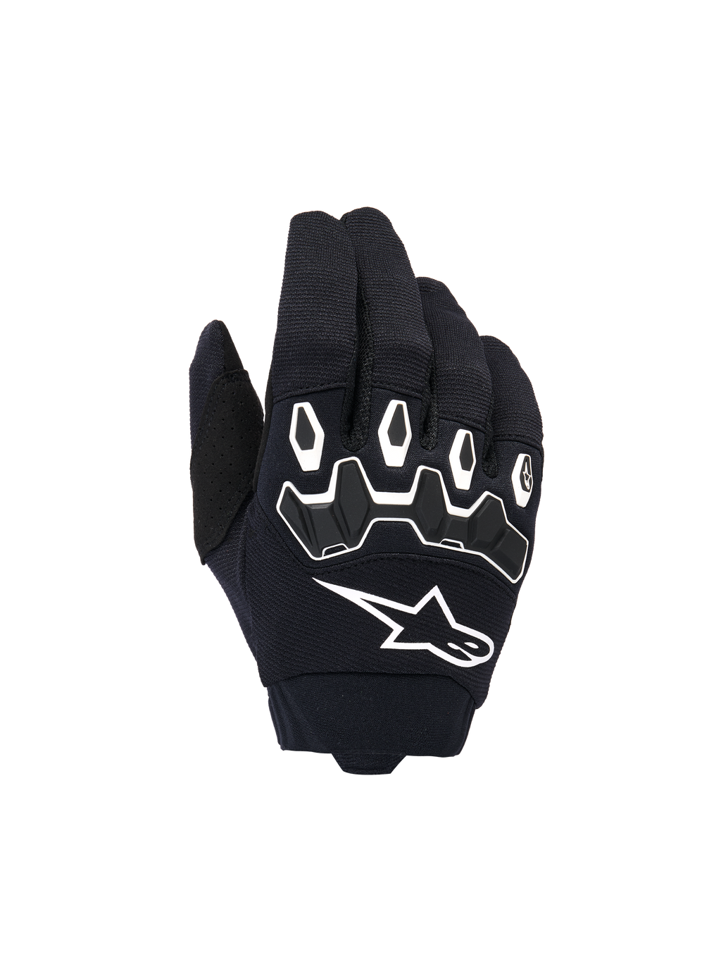 Alpinestars Youth & Kids Full Bore V2 handskar, motocrosshandskar, svarta och vita, med ergonomiskt TPR-knogskydd med vita konturer, stor vit Alpinestars-logotyp, andningsbar textilkonstruktion för terrängkörning