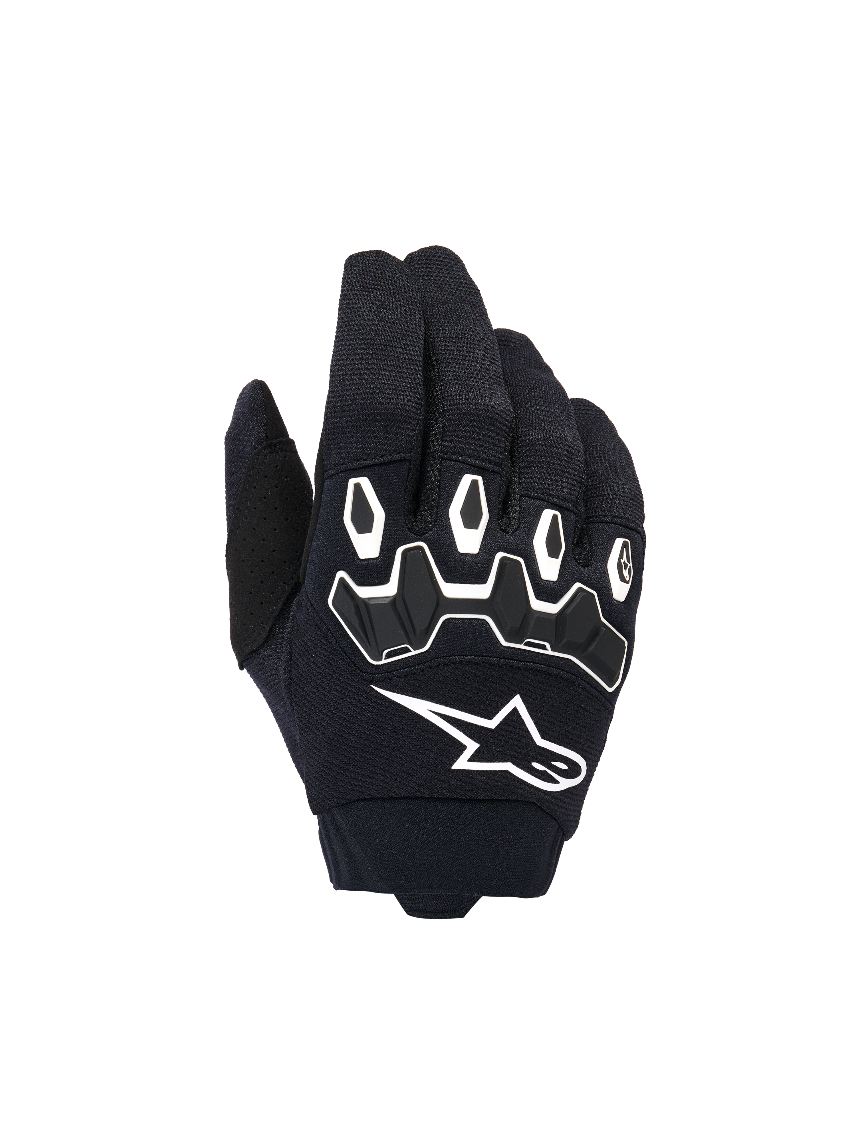 Alpinestars Youth & Kids Full Bore V2 handskar, motocrosshandskar, svarta och vita, med ergonomiskt TPR-knogskydd med vita konturer, stor vit Alpinestars-logotyp, andningsbar textilkonstruktion för terrängkörning
