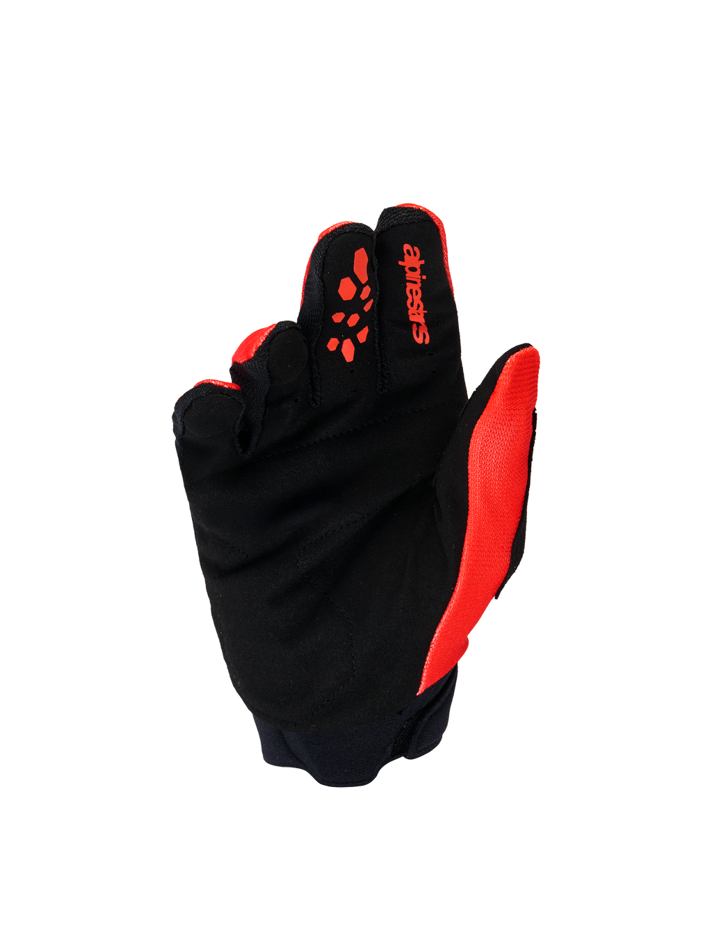 Alpinestars Full Bore V2-handskar för ungdomar och barn, motocrosshandskar, klarröd och svart, vy av handflatan som visar förstärkt svart syntetmocka och röda silikongreppsmönster på fingrarna, hållbar offroad-utrustning för unga förare.