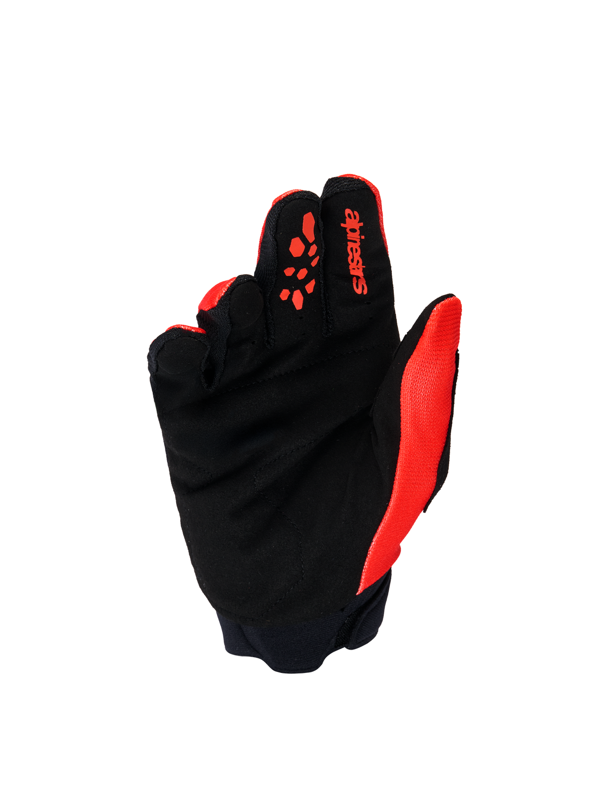 Alpinestars Full Bore V2-handskar för ungdomar och barn, motocrosshandskar, klarröd och svart, vy av handflatan som visar förstärkt svart syntetmocka och röda silikongreppsmönster på fingrarna, hållbar offroad-utrustning för unga förare.