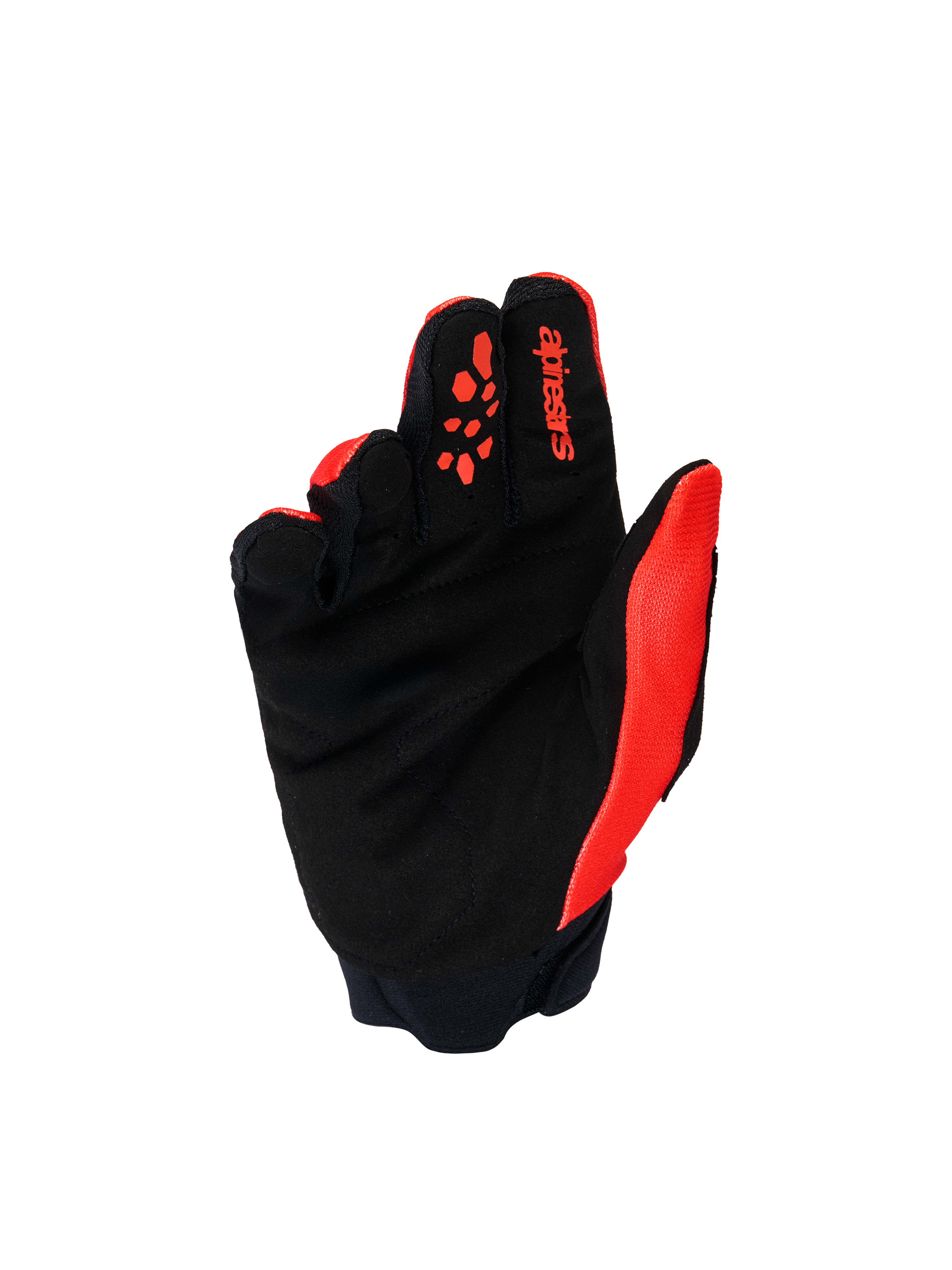 Alpinestars Full Bore V2-handskar för ungdomar och barn, motocrosshandskar, klarröd och svart, vy av handflatan som visar förstärkt svart syntetmocka och röda silikongreppsmönster på fingrarna, hållbar offroad-utrustning för unga förare.
