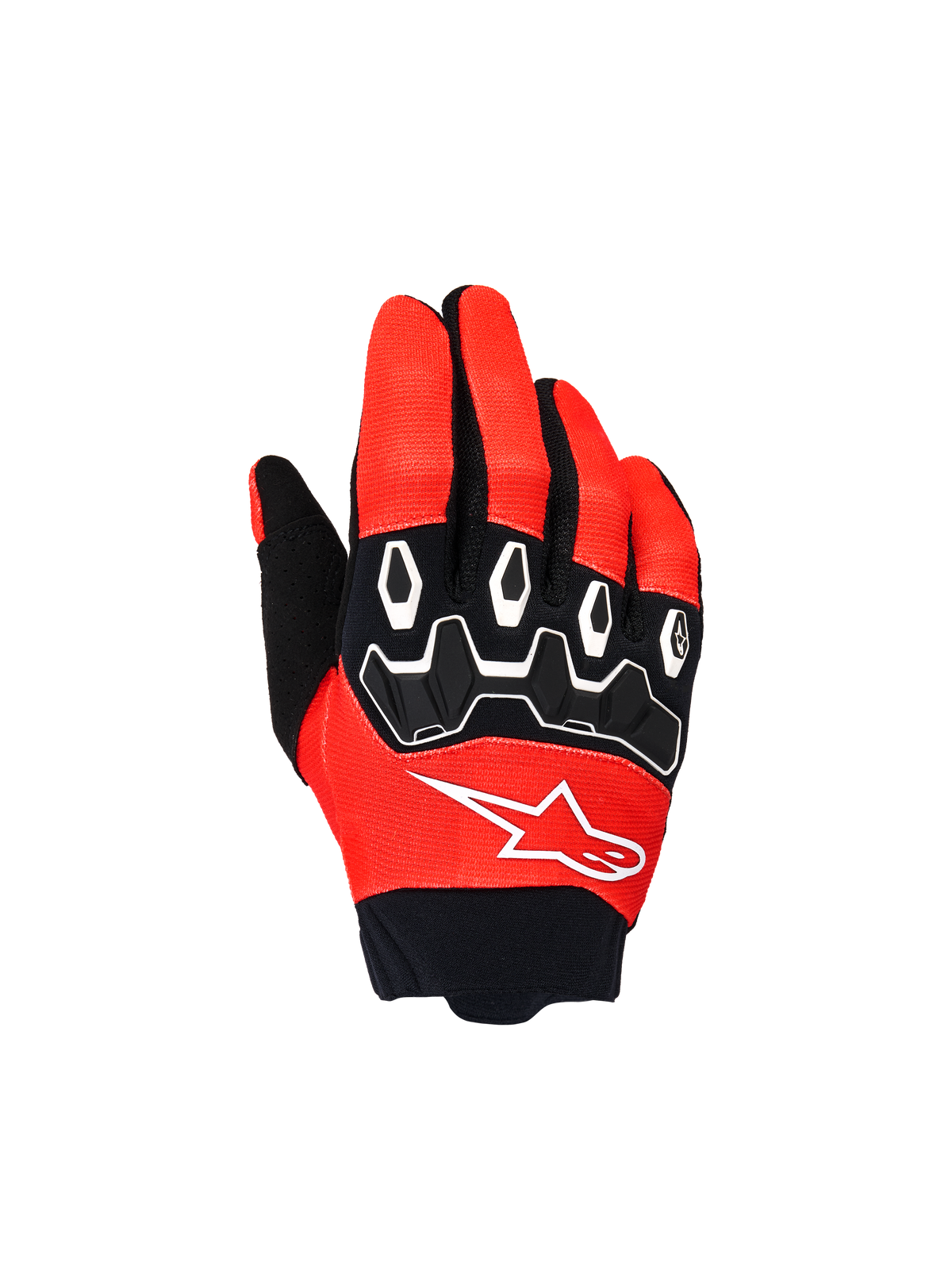 Alpinestars Youth & Kids Full Bore V2 Gloves, Motocross Racing Gloves, Bright Red and Black, top view featuring black TPR knuckle protectors with white accents and white Astar logo, durable textile design for off-road riding