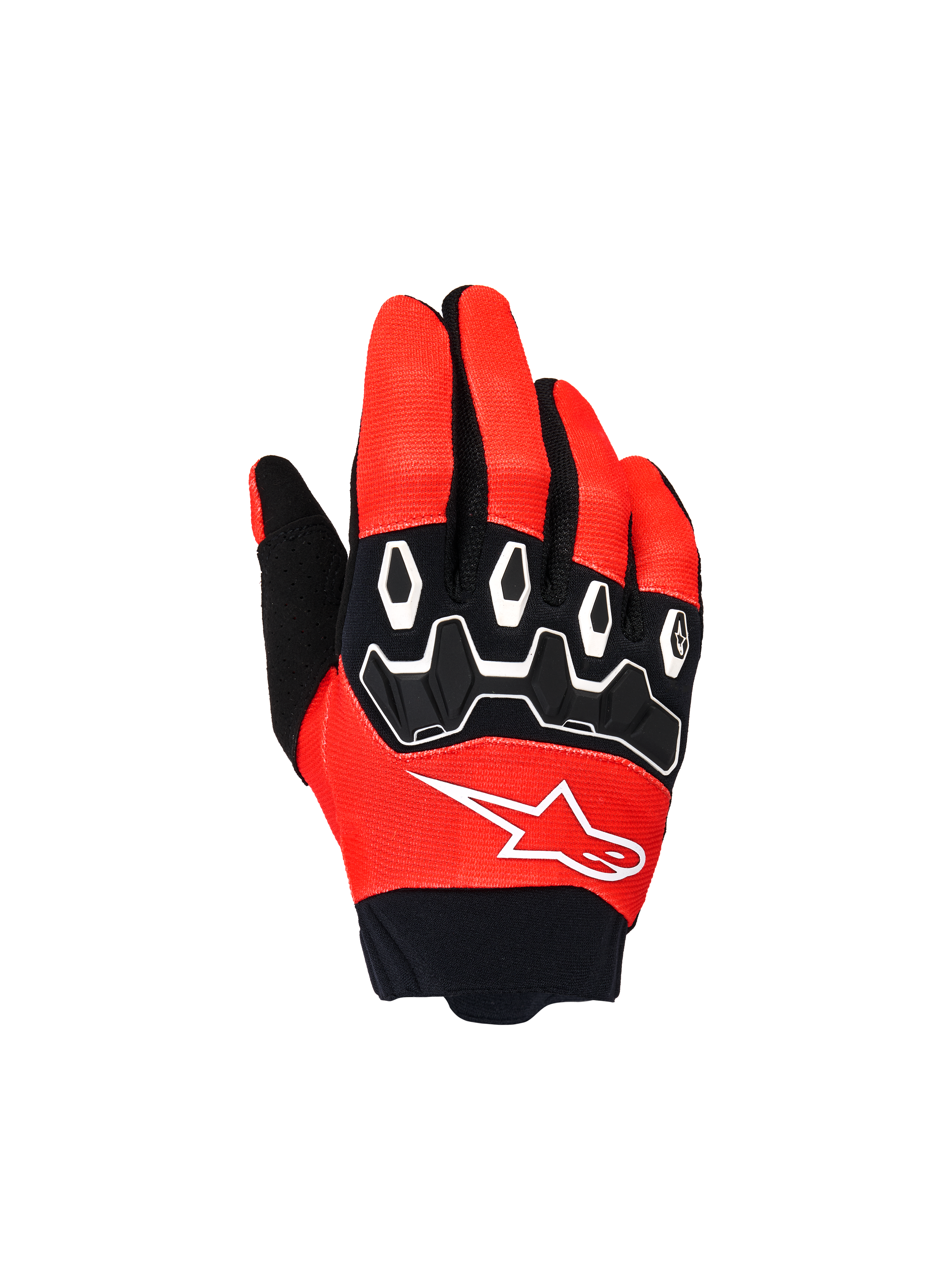 Alpinestars Youth & Kids Full Bore V2 handskar, motocrosshandskar, klarröda och svarta, sedda uppifrån med svarta TPR-knogskydd med vita detaljer och vit Astar-logotyp, hållbar textildesign för offroad-körning