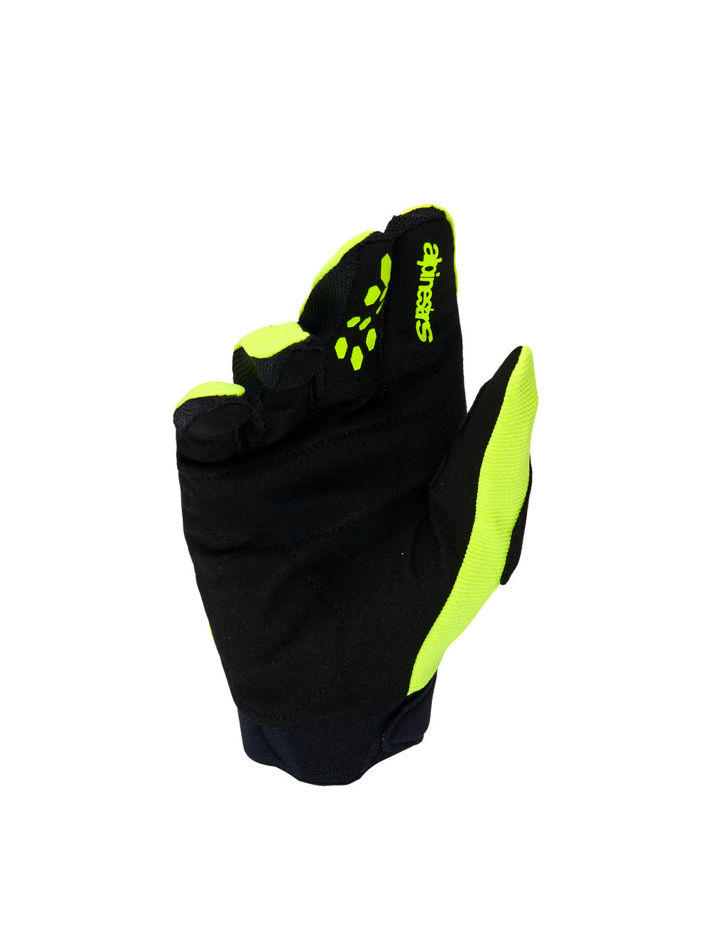 Alpinestars Youth & Kids Full Bore V2-handskar, motocrosshandskar, fluogul och svart, vy av handflatan som visar förstärkt syntetisk mocka, gula silikongrepp på fingrarna för kontroll av reglage, Alpinestars-logotyp, hållbart skydd för terrängkörning