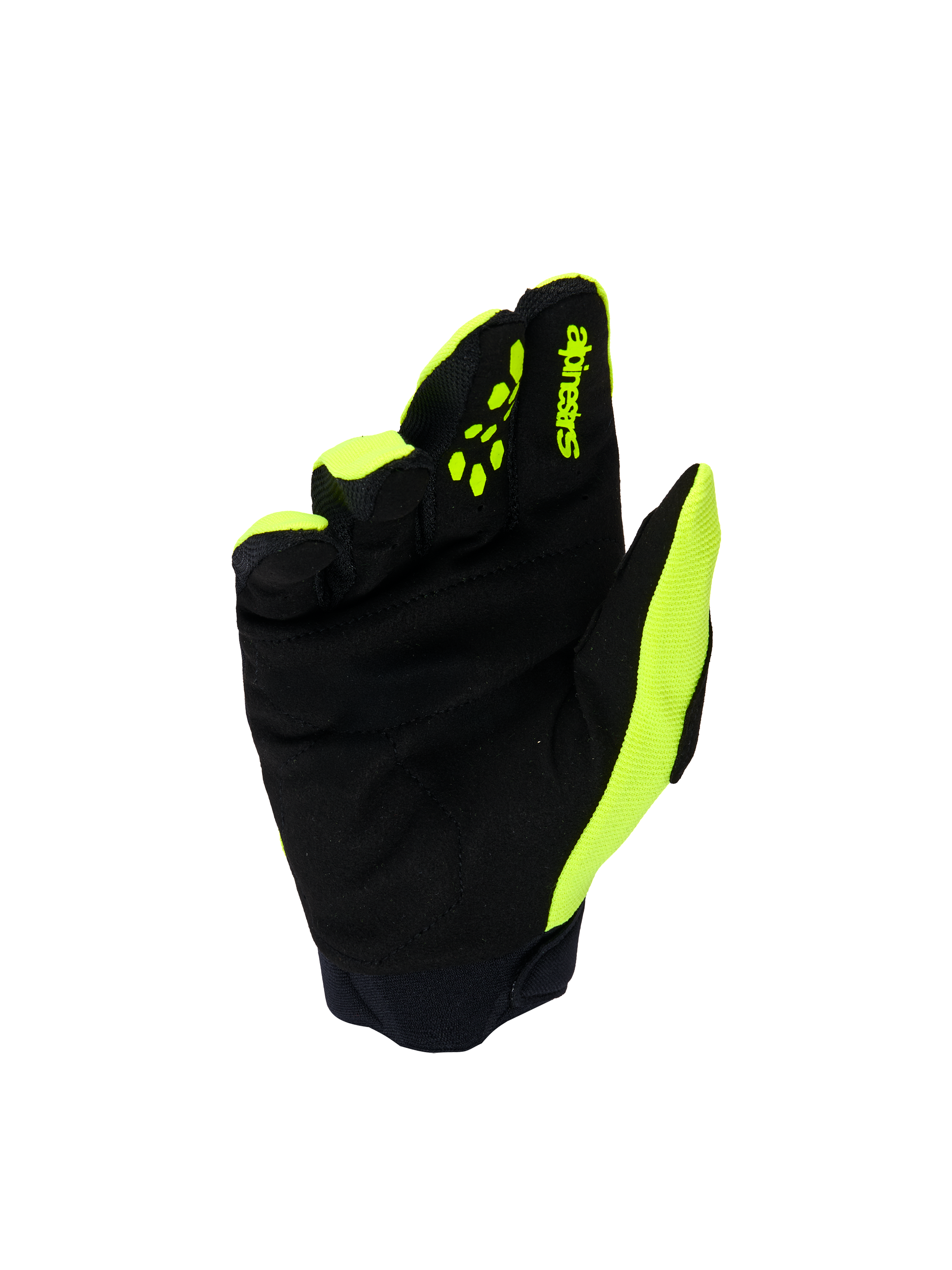 Alpinestars Youth & Kids Full Bore V2-handskar, motocrosshandskar, fluogul och svart, vy av handflatan som visar förstärkt syntetisk mocka, gula silikongrepp på fingrarna för kontroll av reglage, Alpinestars-logotyp, hållbart skydd för terrängkörning