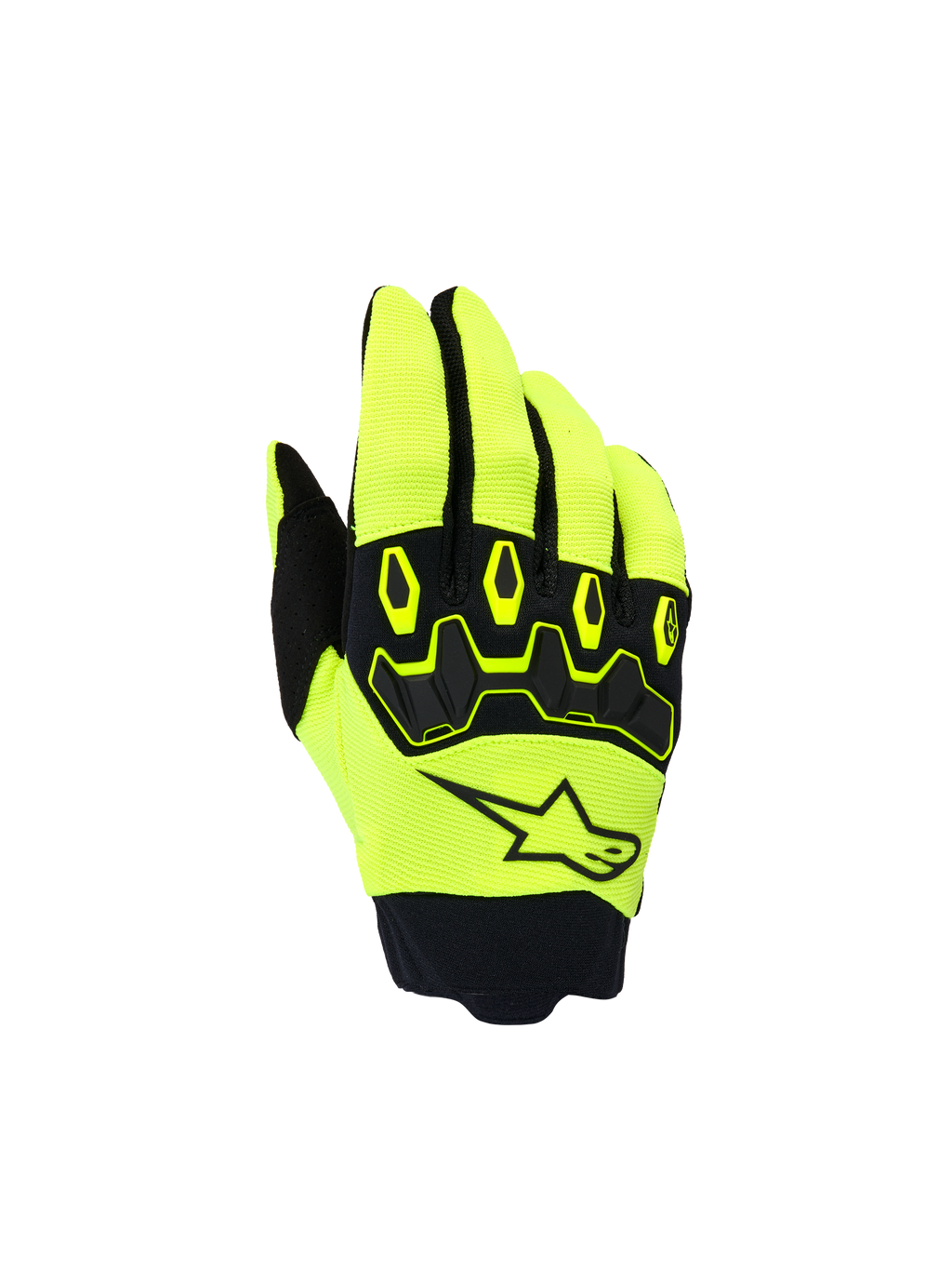Alpinestars Youth & Kids Full Bore V2-handskar, motocrosshandskar för barn, neongula och svarta, med vy av handryggen, svart stjärnlogotyp och ergonomiskt TPR-knogskydd, sportig design för terrängkörning