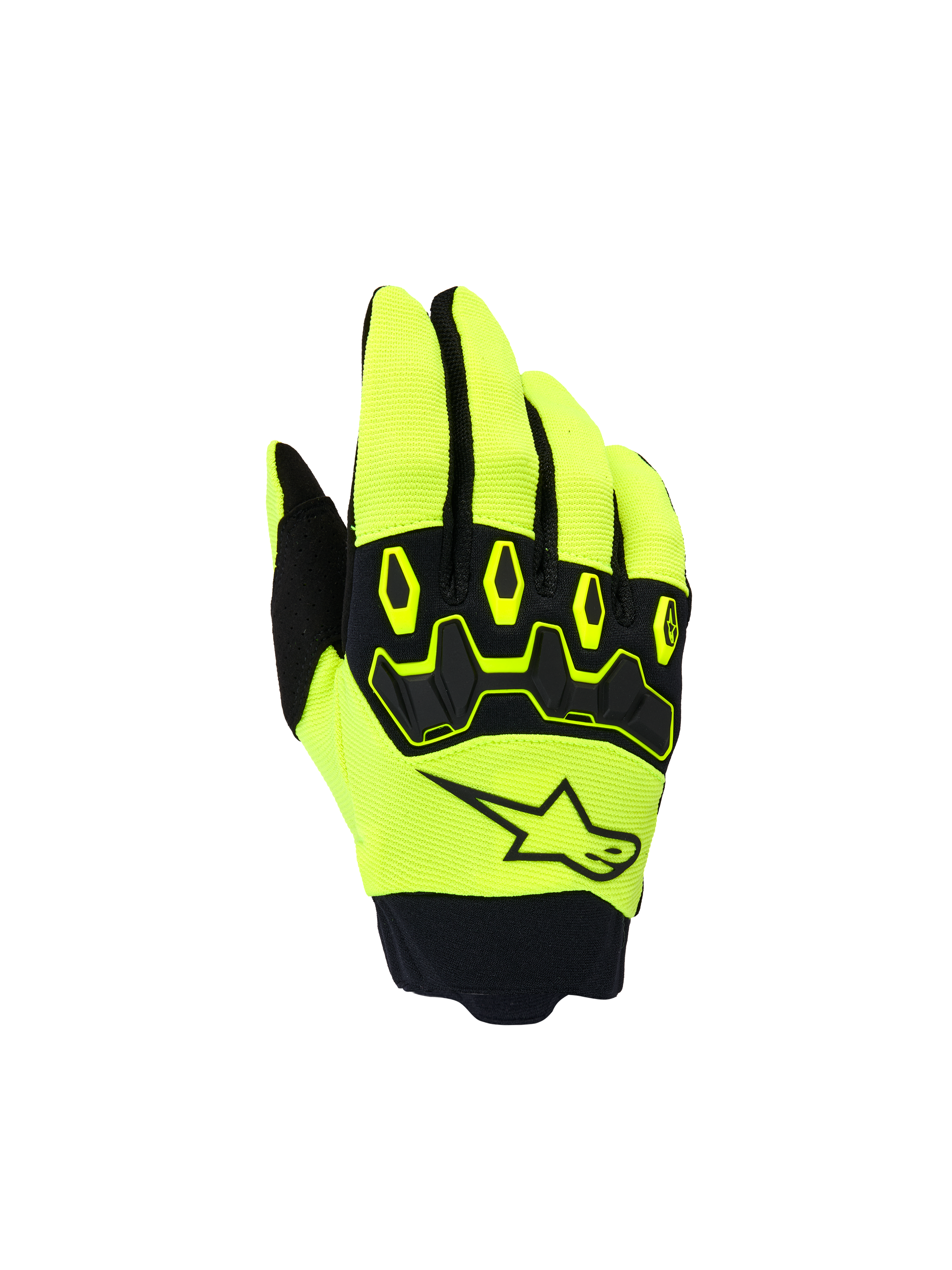 Alpinestars Youth & Kids Full Bore V2-handskar, motocrosshandskar för barn, neongula och svarta, med vy av handryggen, svart stjärnlogotyp och ergonomiskt TPR-knogskydd, sportig design för terrängkörning