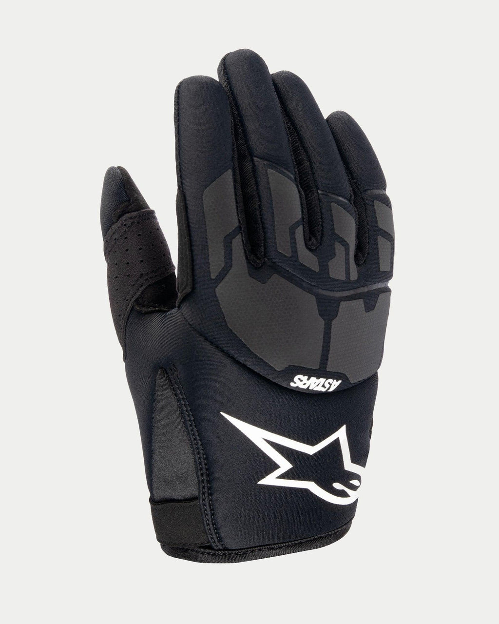 Alpinestars Youth 2024 Thermo Shielder-handskar, svarta motocrosshandskar, baksida som visar neoprenkonstruktion, grå laserlaminerade skyddsmönster, vit Alpinestars-logotyp och ASTARS-varumärke, isolerade för offroad-körning i svalt väder