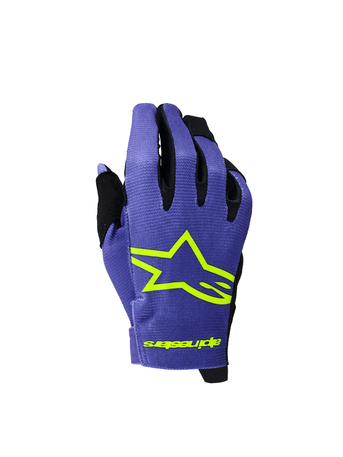 Alpinestars 2026 Youth Radar Gloves, Motocross and MTB Gloves, Purple and Yellow Fluo, featuring a bold neon yellow star logo and branding, black accents between fingers, lightweight textured fabric for off-road racing