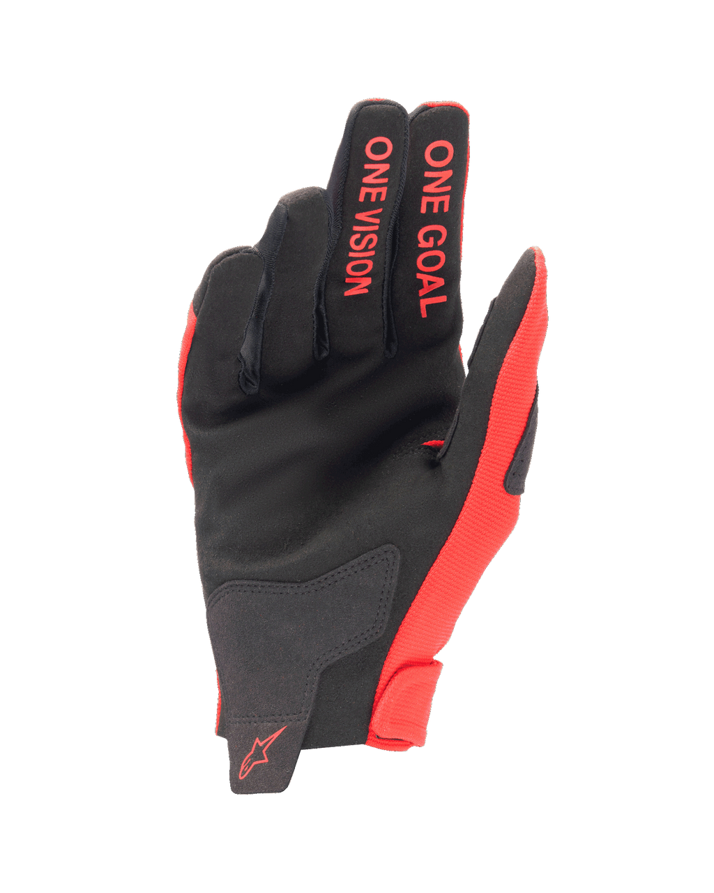 Alpinestars Youth 2024 Radar-handskar, motocrosshandskar, Mars Red och svart, vy av handflatan som visar konstruktion i syntetisk mocka, 'ONE GOAL ONE VISION'-text på fingrarna, lättviktig racingutrustning för terrängkörning