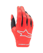Alpinestars Youth 2024 Radar handskar, motocrosshandskar, Mars Red och silver, vy av ovansidan med en vit stjärnlogotyp och ordmärke på mudden, lättviktigt stretchmaterial med svarta detaljer på fingrarna, slitstark off-road-racingutrustning för ungdomar