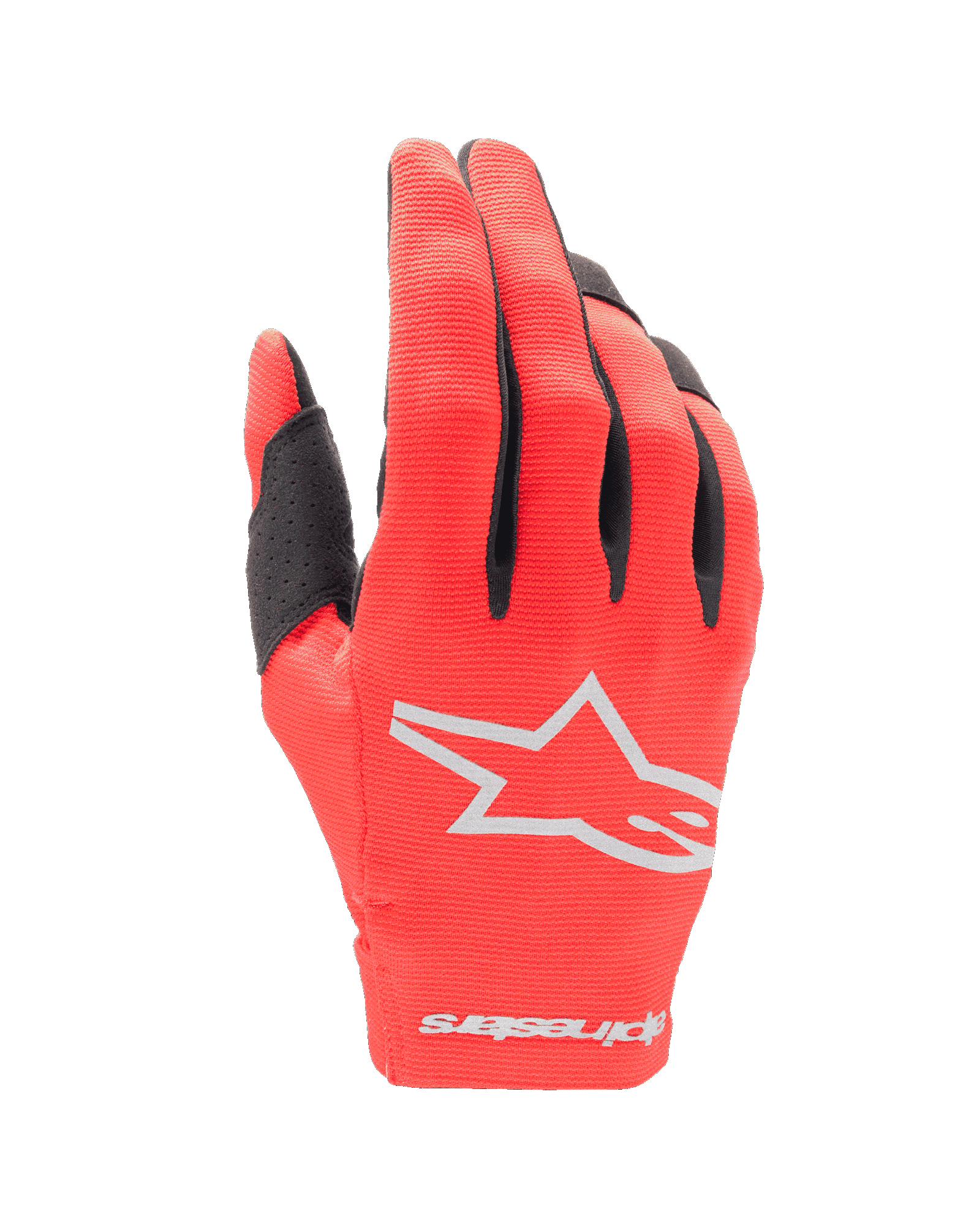 Alpinestars Youth 2024 Radar handskar, motocrosshandskar, Mars Red och silver, vy av ovansidan med en vit stjärnlogotyp och ordmärke på mudden, lättviktigt stretchmaterial med svarta detaljer på fingrarna, slitstark off-road-racingutrustning för ungdomar
