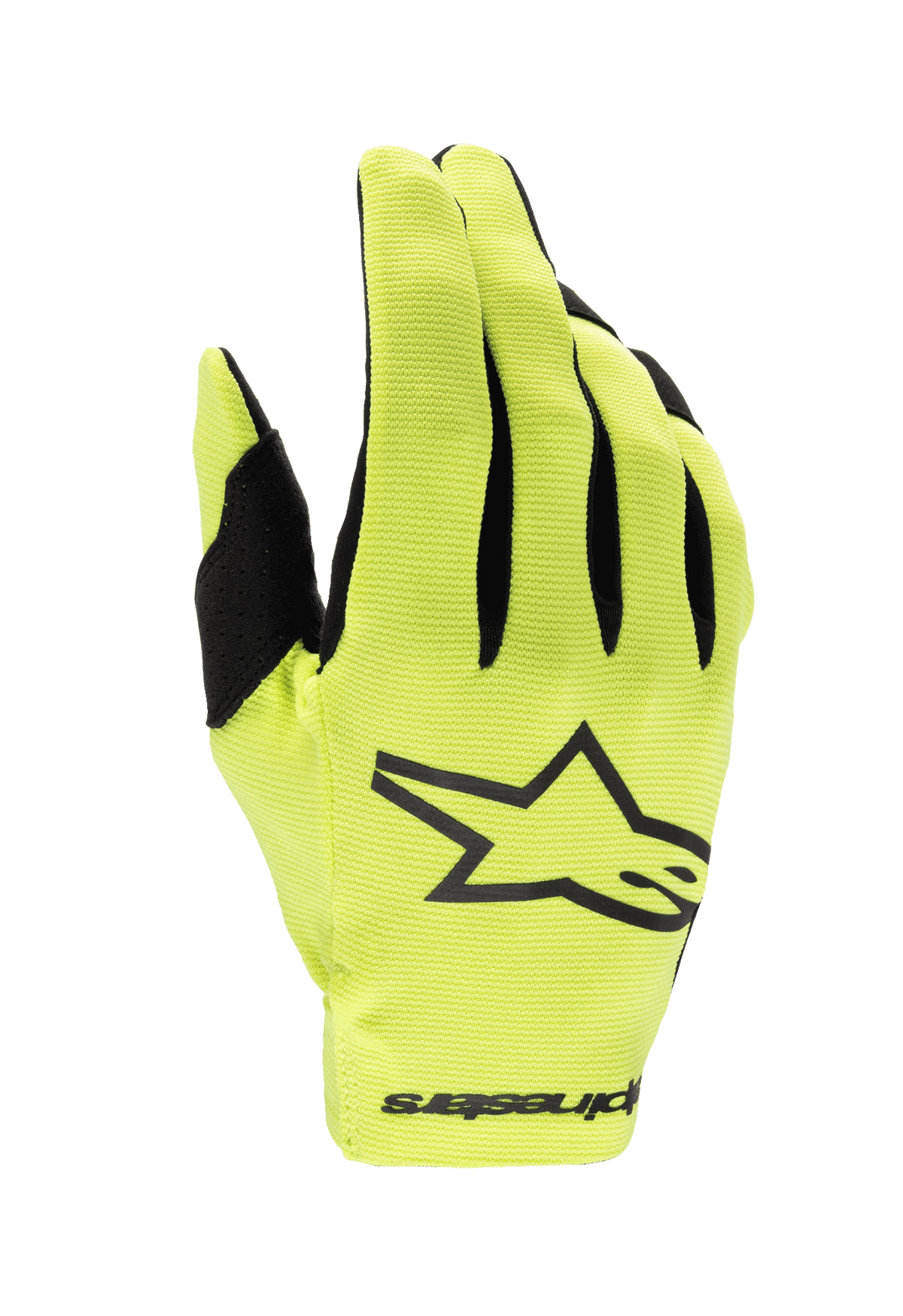 Alpinestars 2024 Youth Radar handskar, motocrosshandskar, gul fluo och svart, med en stor svart stjärnlogotyp på handryggen, lätt stretchtyg med svarta detaljer på fingrarna, racingskydd för ungdom