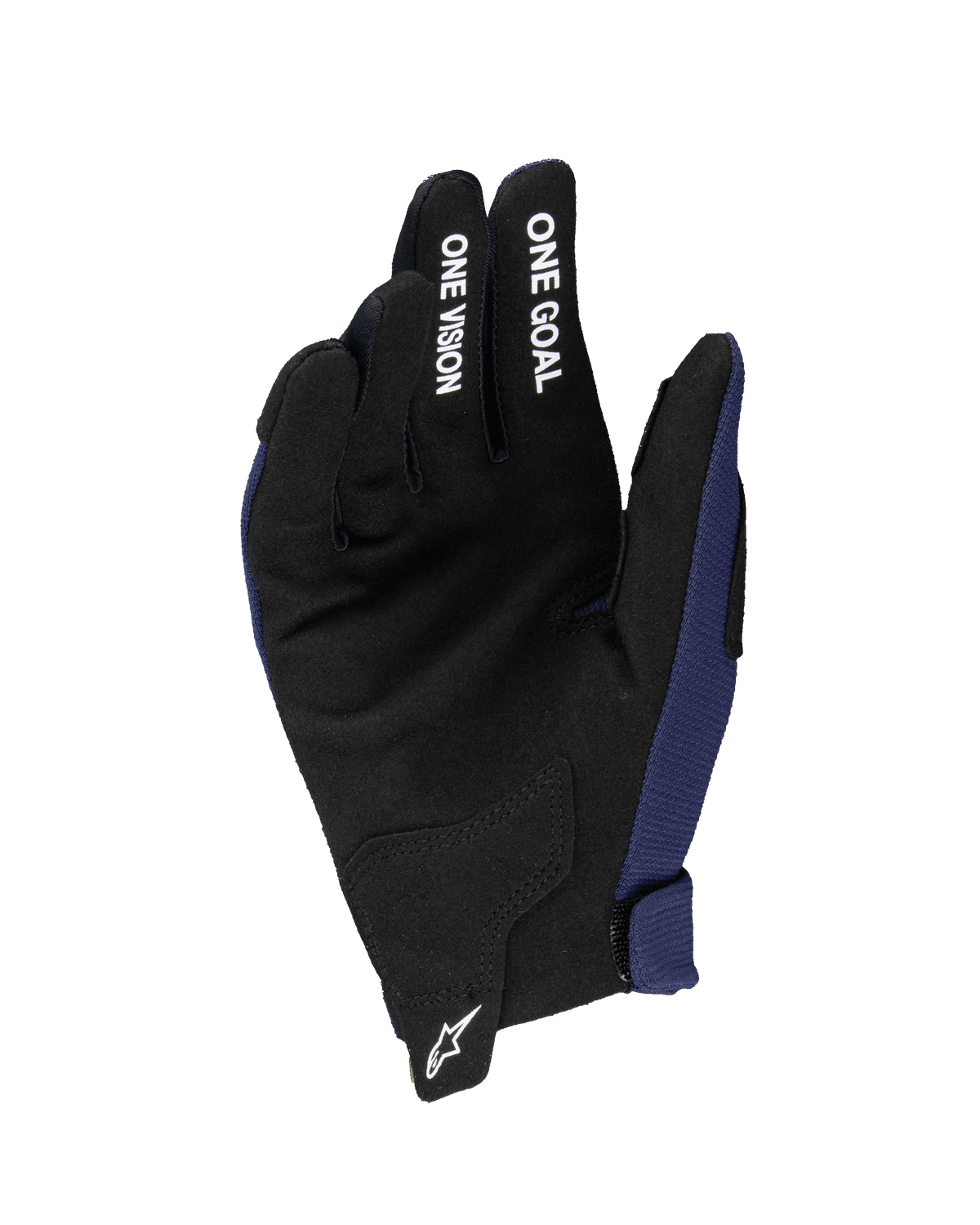 Alpinestars 2025 Ungdom Radar-handskar, motocrosshandskar, mörkblå och svarta, visar handflata i syntetisk mocka med vit text 'ONE GOAL' och 'ONE VISION' på fingrarna, vit Astars-logotyp på handleden, konstruktion i ett lager för terrängkörning