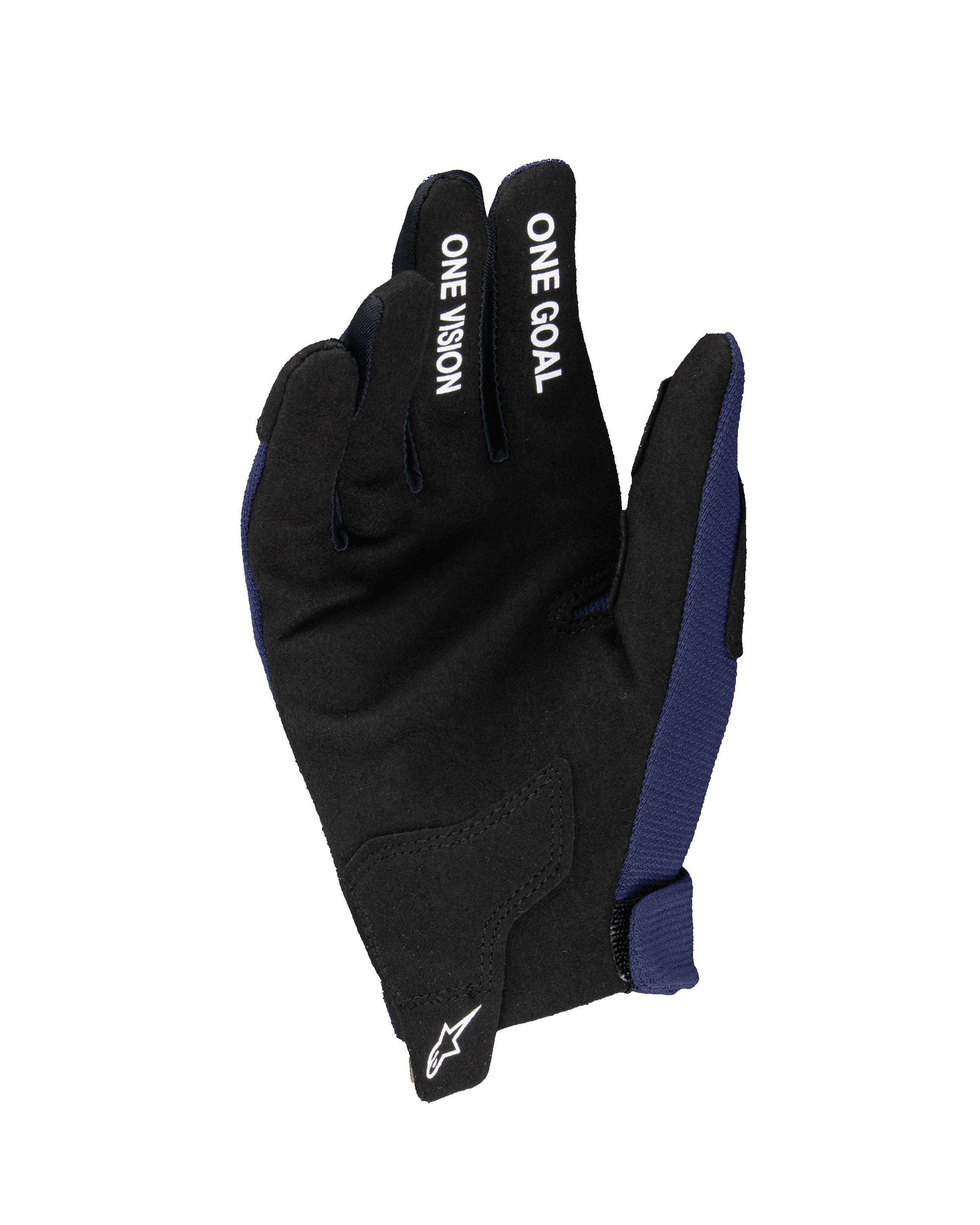 Alpinestars 2025 Ungdom Radar-handskar, motocrosshandskar, mörkblå och svarta, visar handflata i syntetisk mocka med vit text 'ONE GOAL' och 'ONE VISION' på fingrarna, vit Astars-logotyp på handleden, konstruktion i ett lager för terrängkörning