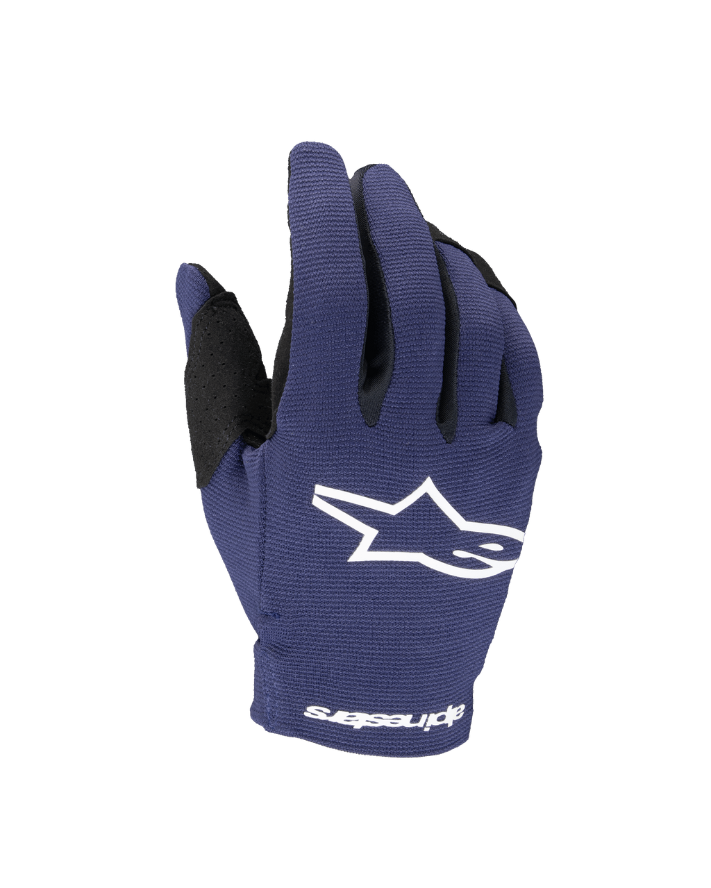 Alpinestars 2025 Youth Radar handskar, motocrosshandskar, Night Navy och vit, med en vit stjärnlogotyp på handryggen och Alpinestars-text vid handleden, stretchkonstruktion i ett lager för terrängkörning