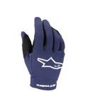 Alpinestars 2025 Youth Radar handskar, motocrosshandskar, Night Navy och vit, med en vit stjärnlogotyp på handryggen och Alpinestars-text vid handleden, stretchkonstruktion i ett lager för terrängkörning