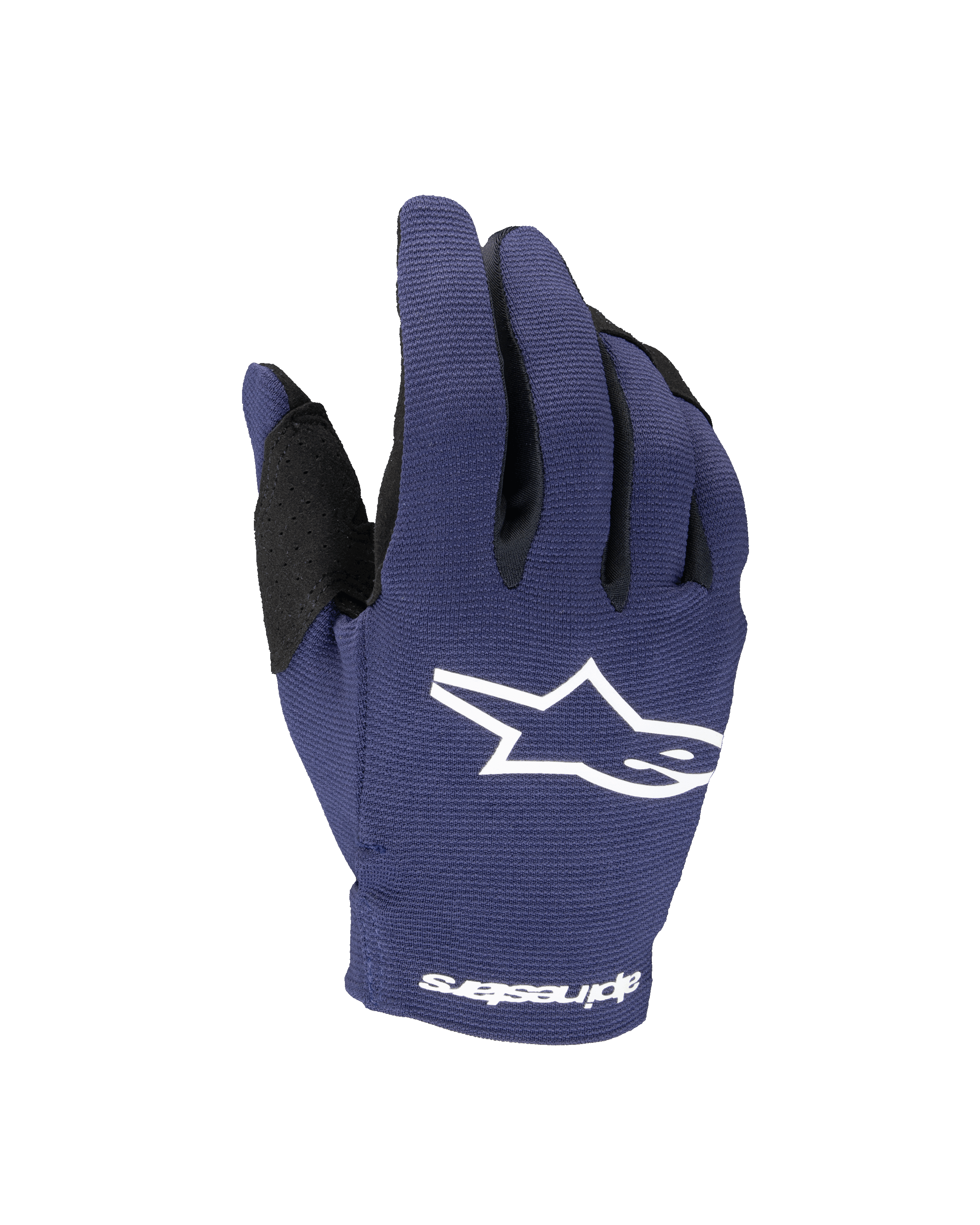 Alpinestars 2025 Youth Radar handskar, motocrosshandskar, Night Navy och vit, med en vit stjärnlogotyp på handryggen och Alpinestars-text vid handleden, stretchkonstruktion i ett lager för terrängkörning
